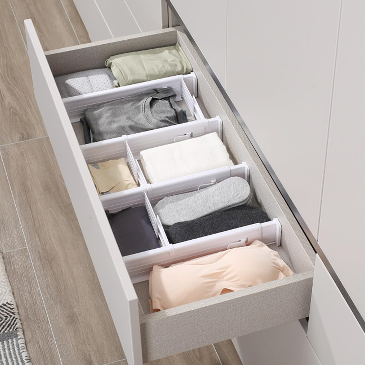 Drawer Dividers, Expandable Kitchen Drawer Organiser, with 8 Inserts, for Clothing, Kitchen Utensils and Office Storage, Set of 4 (32-56Cm) image number 5