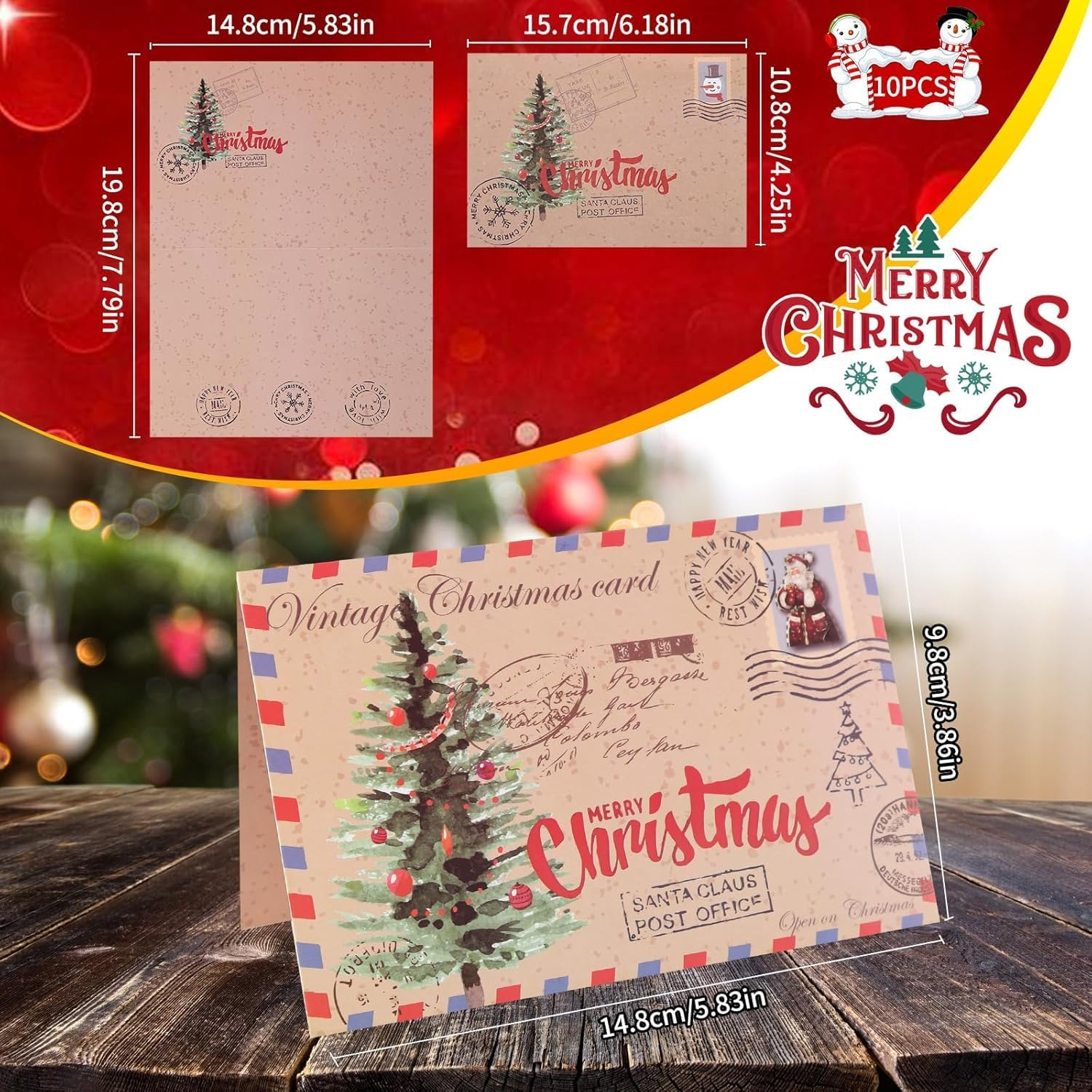 20Pcs Christmas Cards and Envelopes Set, 10Pcs Christmas Tree Greeting Card, 10Pcs Envelopes, Vintage Xmas Cards Blank, Christmas Postcards, for Holiday New Year Christmas Day Wishes Cards Gifts image number 4