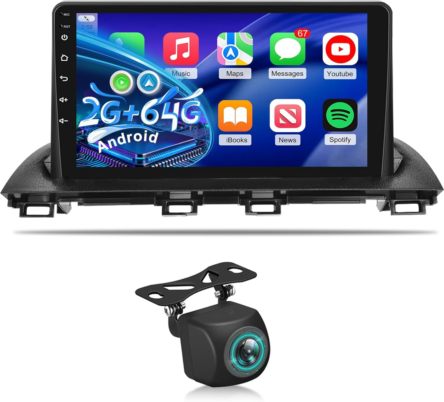 2+64G Android Car Radio for Mazda 3 Axela 2014-2019 with Wireless Carplay & Android Auto - 9 Inch Touchscreen Radio with Equalizer, Wifi, GPS, SWC, Mirror Link + AHD Backup Camera image number 2