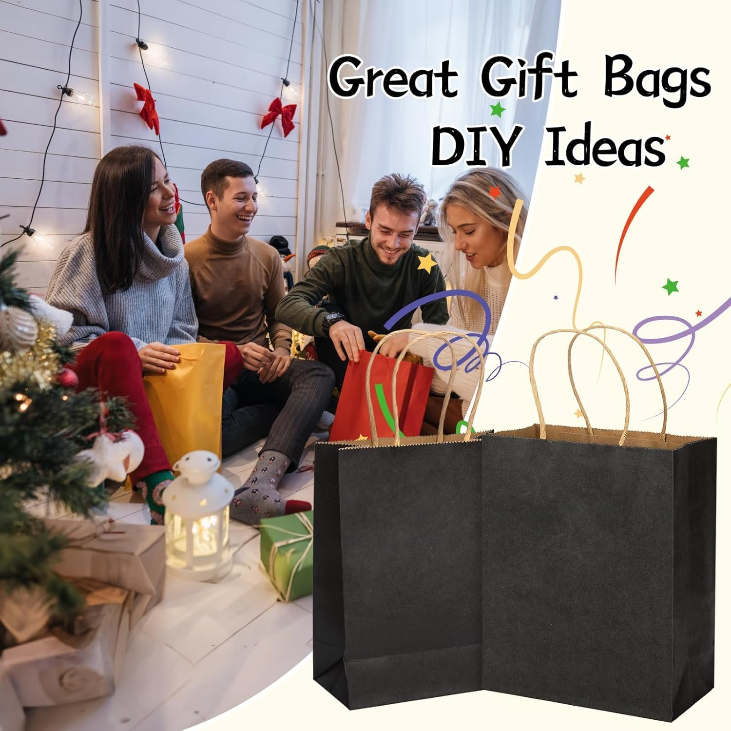 50 Pack Black Kraft Paper Bags with Handles Bulk, Gift Bags, Craft Grocery Shopping Retail Birthday Party Favors Wedding Sacks,Shopping, Business 15 X 8 X 21Cm image number 4