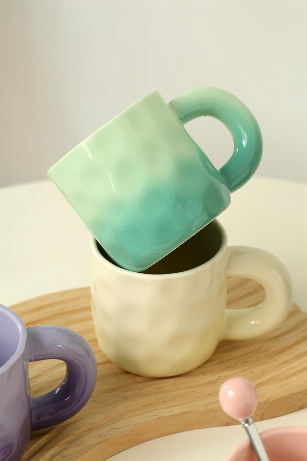 TREEWOO Creative Gradient Macaroon Color Ceramic Handmade Coffee Mug with Chubby Handle and Spoon Cute Breakfast Coffee Milk Cup for Family Friend (Green) image number 2