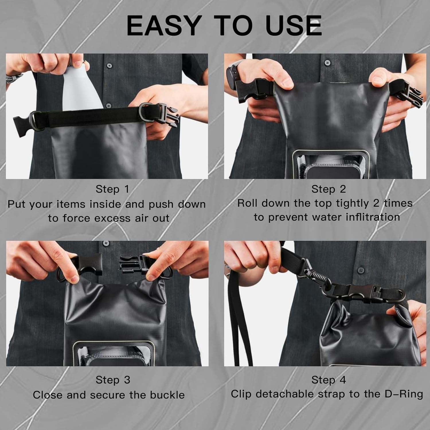 Waterproof Dry Bag 2L - Roll Top Waterproof Backpack/Phone Case/Pouch - Boating & Kayak Accessories - Essentials for Camping Swimming Beach Fishing Rafting Travel - Black image number 5