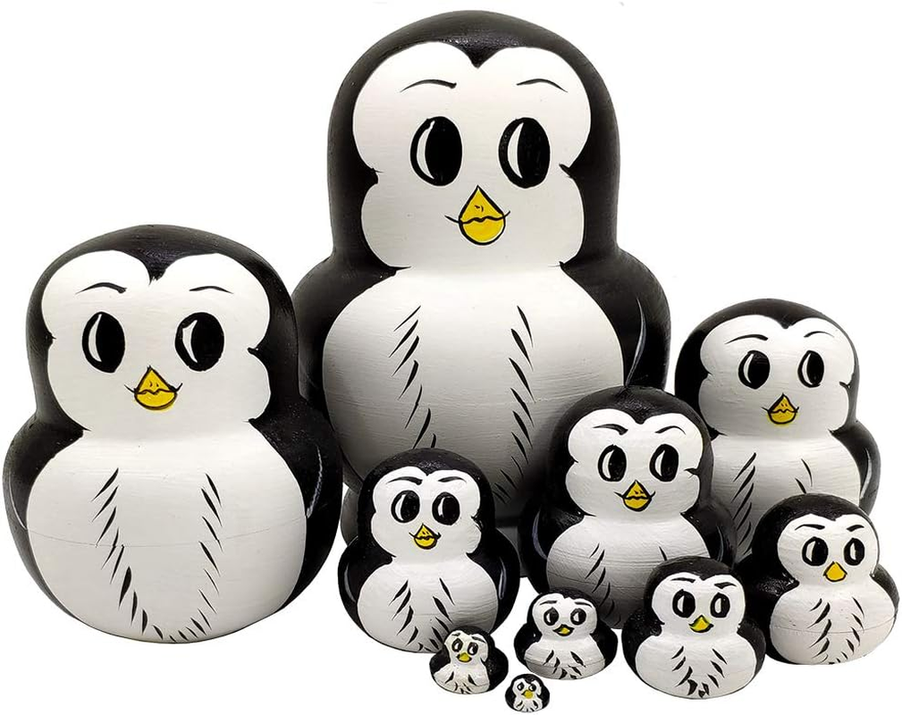 Moonmo 10Pcs Animal Pattern Wooden Nesting Toys Russian Nesting Dolls Matryoshka Stacking Dolls Penguin