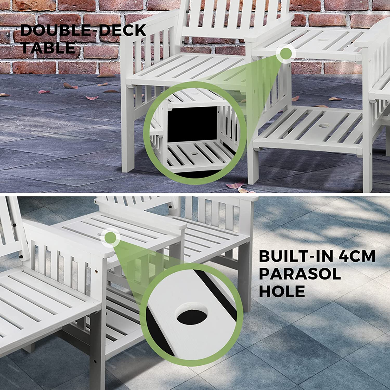 Livsip Outdoor Chair Wooden Garden Bench 2 Seat Table Loveseat Patio Furniture White - Charcoal image number 3