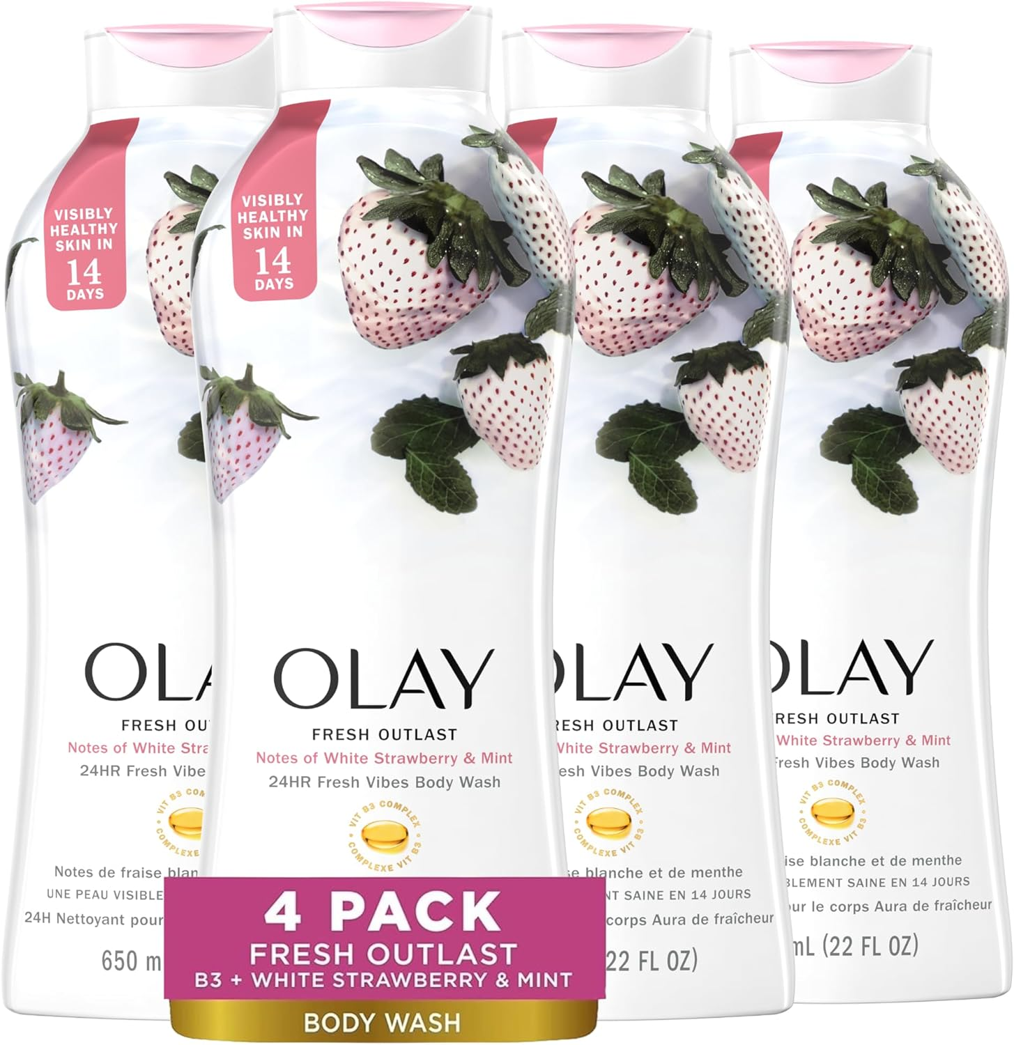 Olay Fresh Outlast Cooling White Strawberry and Mint Body Wash, 22 Oz, (4 Count) image number 2