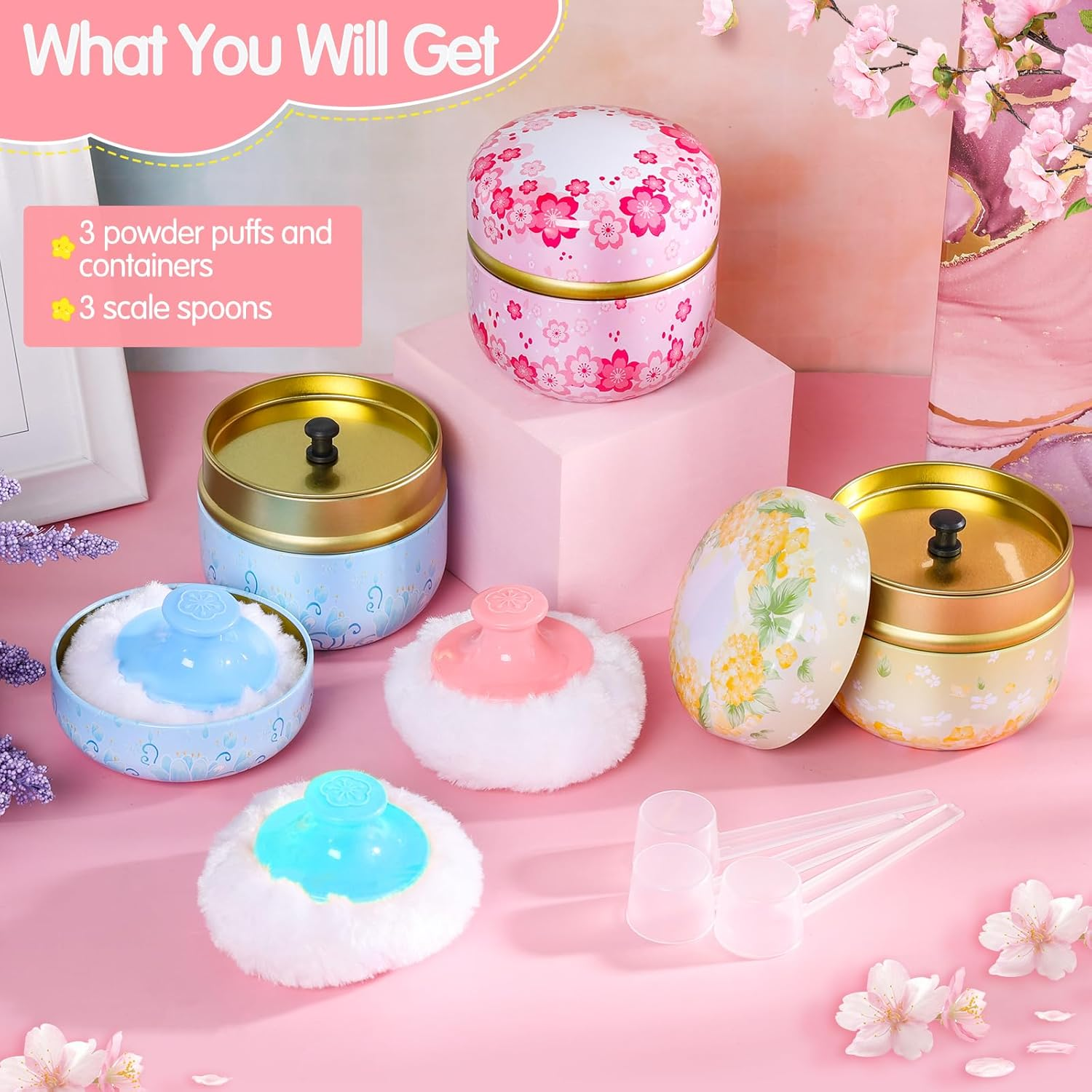 3 Pieces Body Powder Puff and Container, Baby Powder Container Floral Pattern with Large Fluffy Plush Puff Spoon, Baby Woman Loose Dusting Powder Tea Box for Home & Travel Use (Pink, Blue and Yellow) image number 3