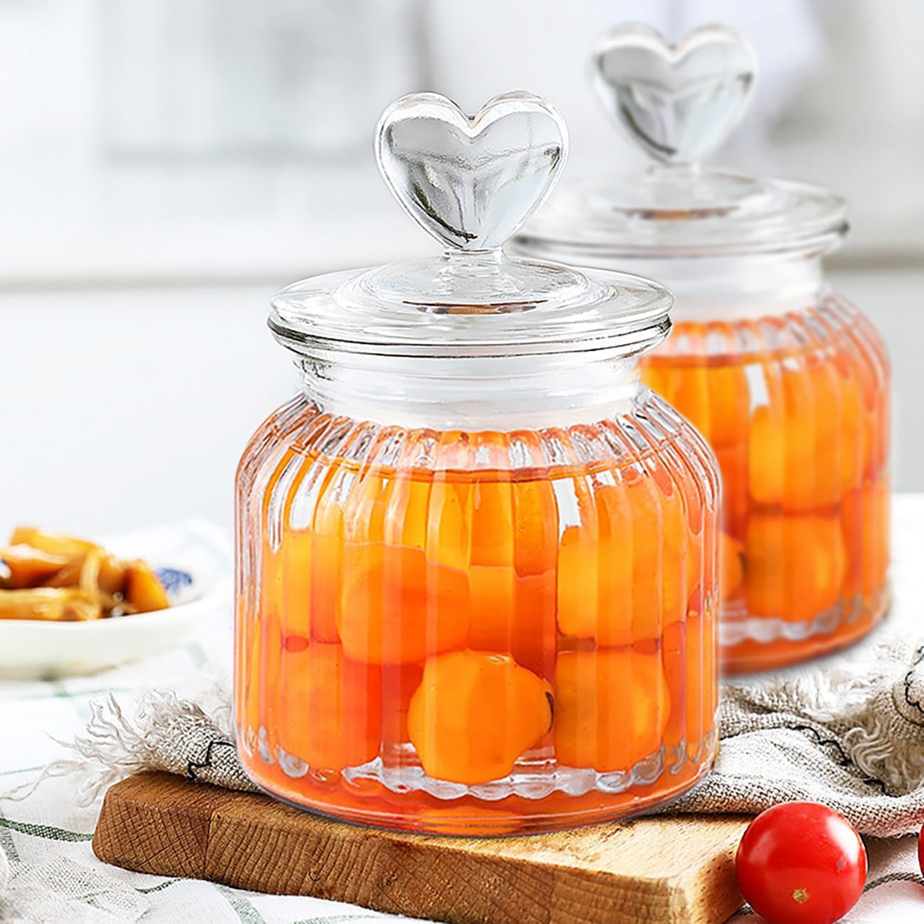22 Oz Clear Glass Canister with Cute Heart Shaped Lids Set, Food Storage Glass Jars with Airtight Lids for Kitchen and Dining Room, Stripe/Set of 2 image number 6