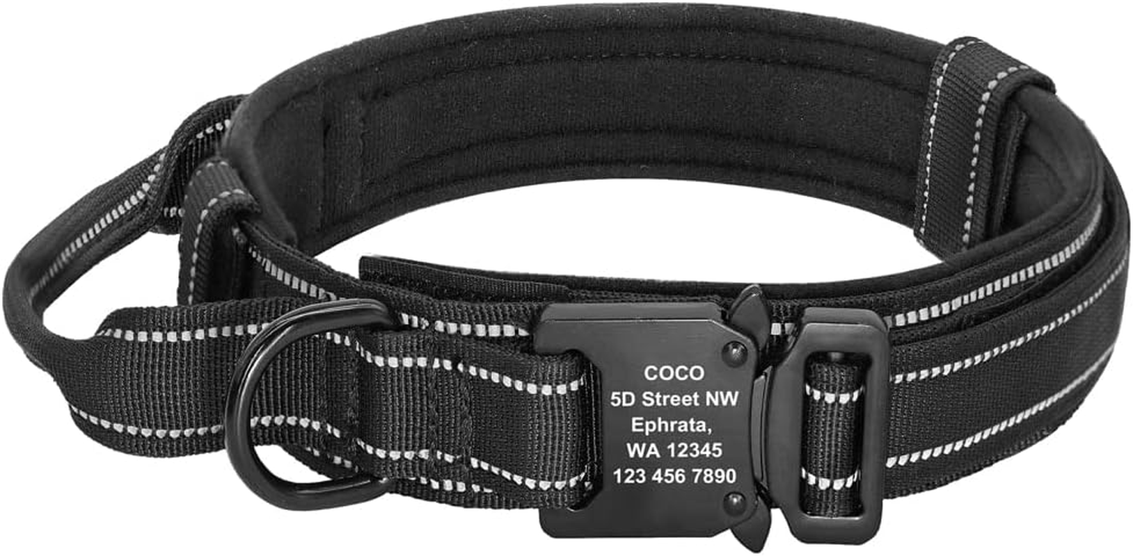 Personalised Tactical Dog Collar with Heavy Duty Metal Buckle Soft Flannel Padded Reflective Military Collars with Control Handle Adjustable Nylon K9 Collar for Medium Large Dogs (BLACK,L) image number 6