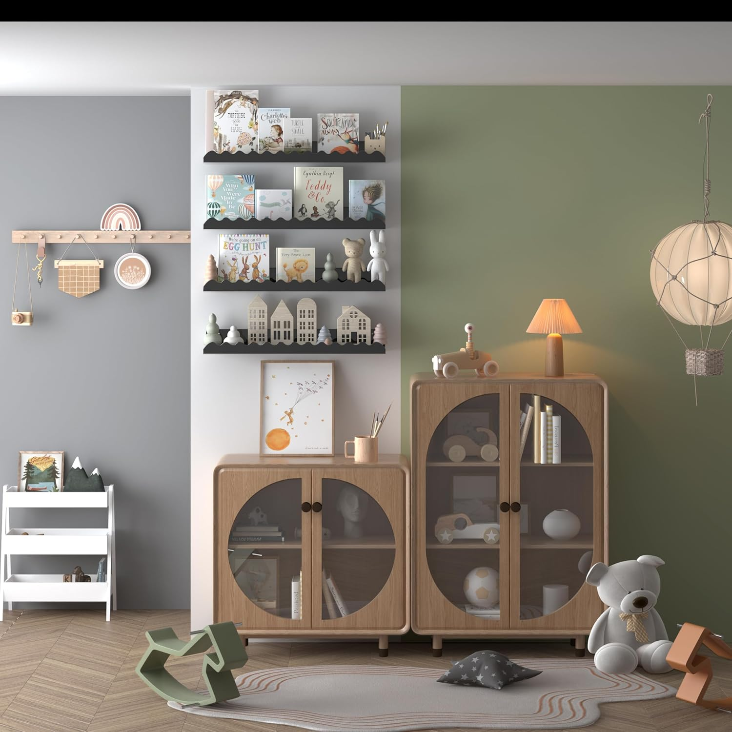 Kids Nursery Bookshelves, 4 PCS White Floating Book Shelves, Picture Ledge Shelf for Wall Decor and Storage - Perfect for Books, Toys, Photo Frames, and Nursery D&eacute;cor (Black)（16.5 * 3.34 * 1.97''） image number 2