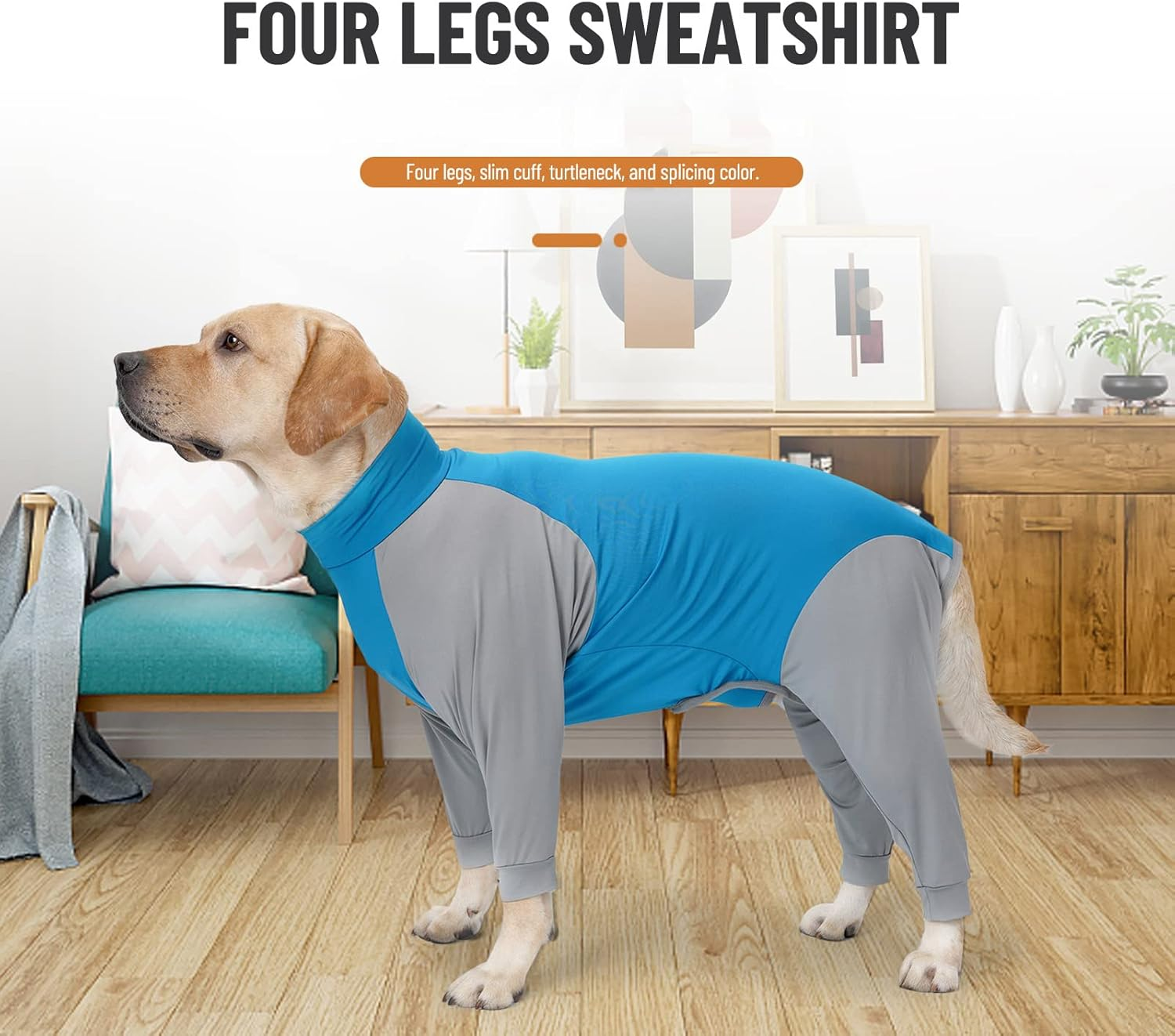Dog Sweatshirts Four Legs Pet Jackets with Stretchy Fabric Splicing Color Turtleneck for Small Medium Large Dogs Comfortable Fit Blue image number 3