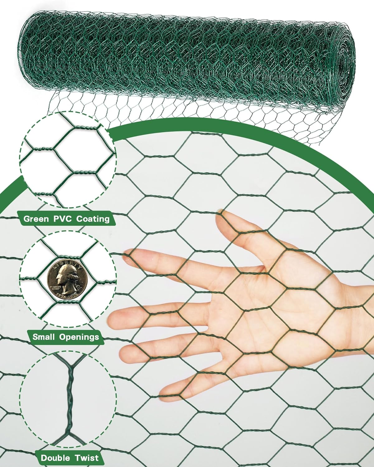 Chicken Wire Fencing,13.8X118 Inch Chicken Wire,19 Gauge PVC Coated Chicken Wire Mesh with 1" Fine Mesh,Hexagonal Galvanized Chicken Wire Fence,Floral Chicken Wire for Crafts Garden Poultry image number 4