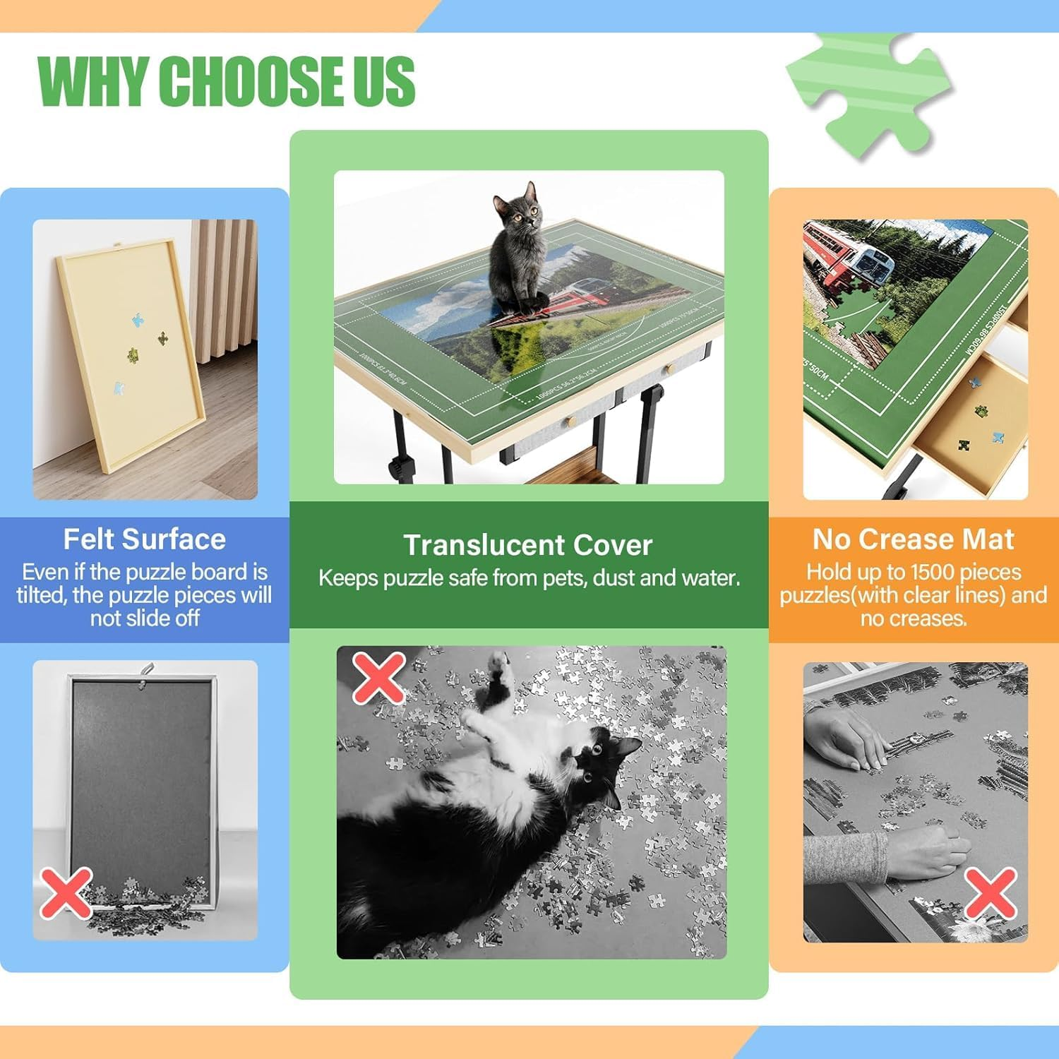 1500 Piece Jigsaw Puzzle Table, Adjustable Height & 45&deg; Tilting Jigsaw Puzzle Board with Legs, Wheels, 4 Wooden Drawers, 2 Fabric Drawers and Protective Cover, 25"X34" Adult Puzzles Tray Wooden Table image number 5