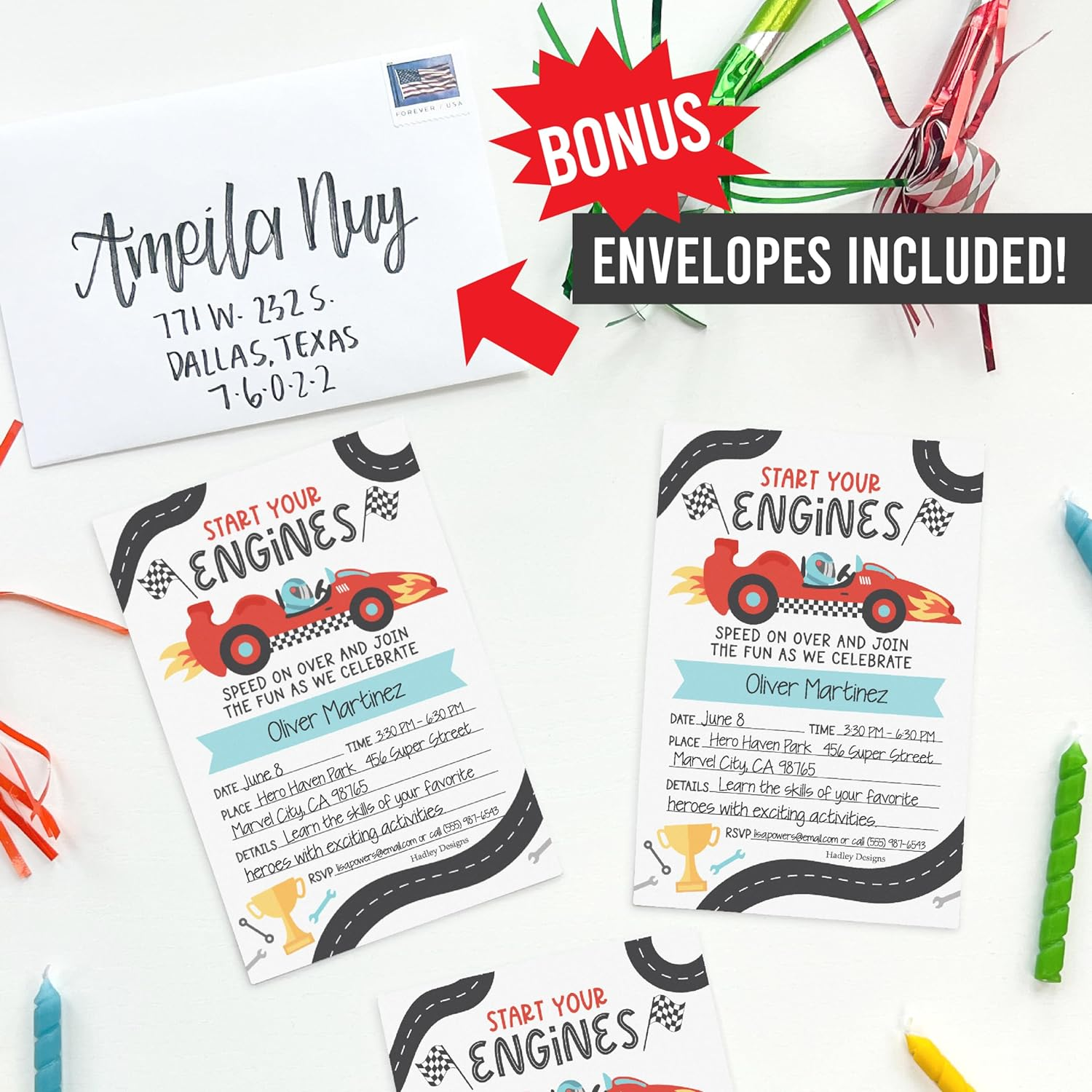 Hadley Designs Kids Birthday Invitations for Boys Race Car Theme - 15 Racing Truck Birthday Party Invitations for Boys with Envelopes, Speed on over Invites for Boy, Cute Party Supplies, Made in USA - Blue image number 6