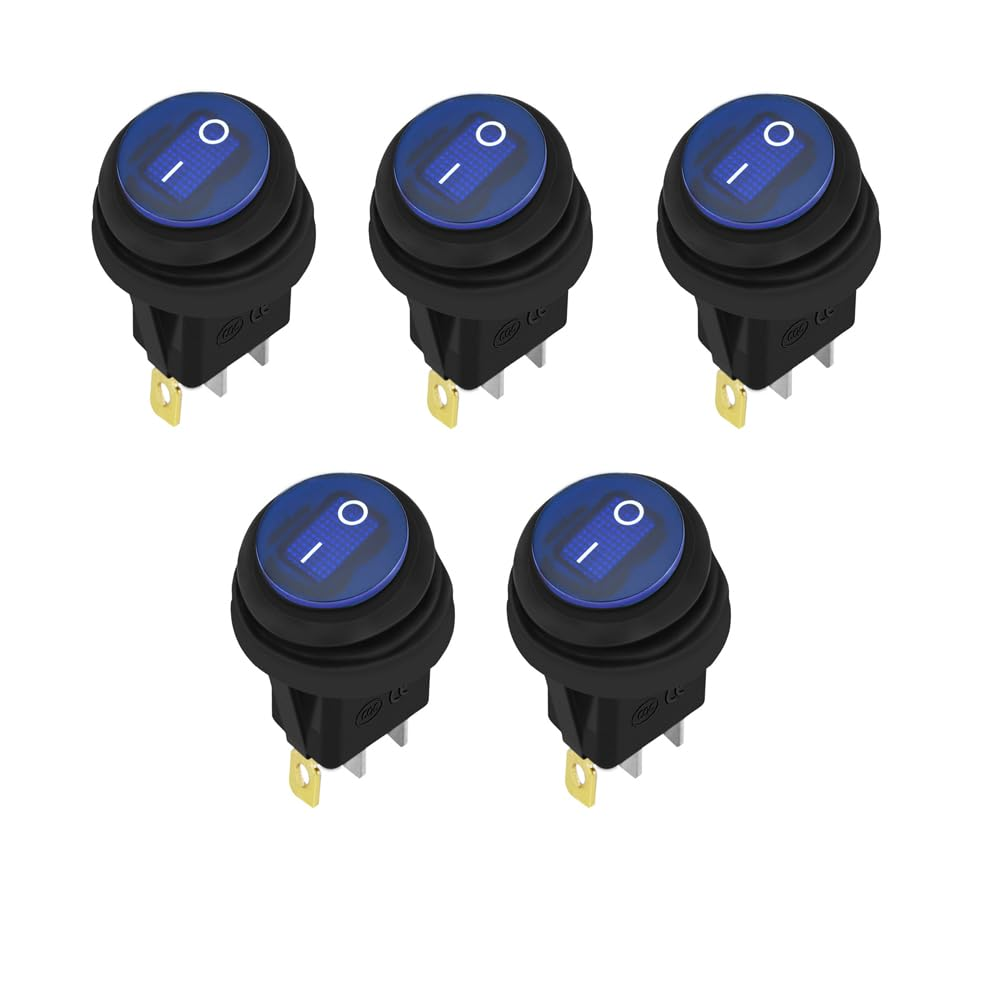 5PCS round Toggle LED Switch 12V 20A 3-Pin Car Truck Rocker On-Off for Auto Truck Boat Marine Off-Road Vehicle (Blue) image number 2