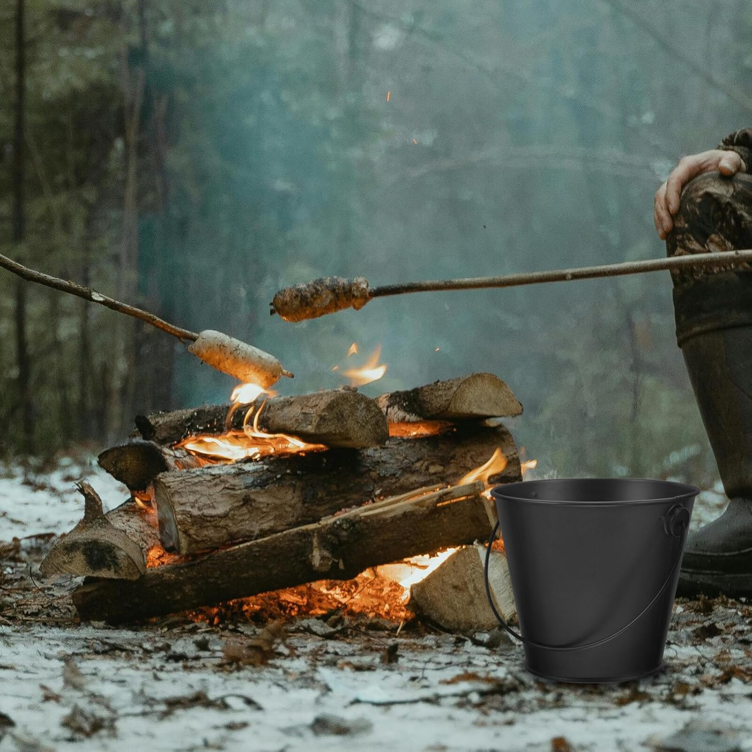 BESPORTBLE Ash Bucket Metal Coal and Hot Ash Pail Grill Grease Bucket Drip Bucket for Fireplace Camp Wood Pellet Grill BBQ Accessories Black image number 1
