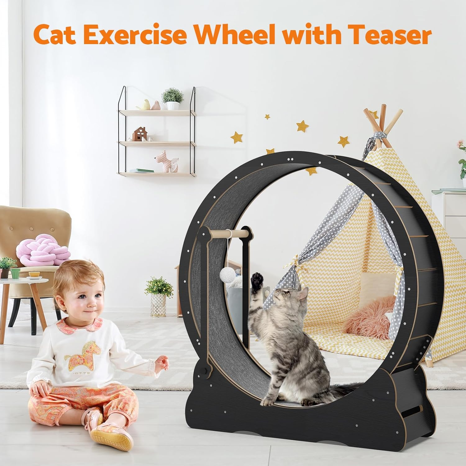 Advwin Cat Exercise Wheel 100Cm Cat Treadmill for Indoor Cats, 2 in 1 Cat Running Wheel with Teaser, with Locking Mechanism - Cat'S Weight Loss and Fitness image number 6