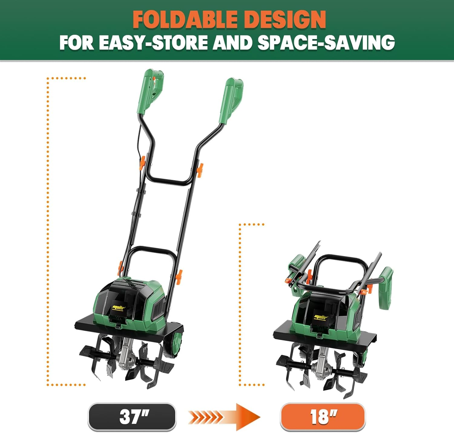 Cordless Garden Tiller Cultivator Compatible with Makita 18V Battery (Tool Bare) 14.2'' Width 8.7'' Depth 16 Steel Tines, Electric Rototiller Brushless Foldable with Adjustable Wheels image number 2