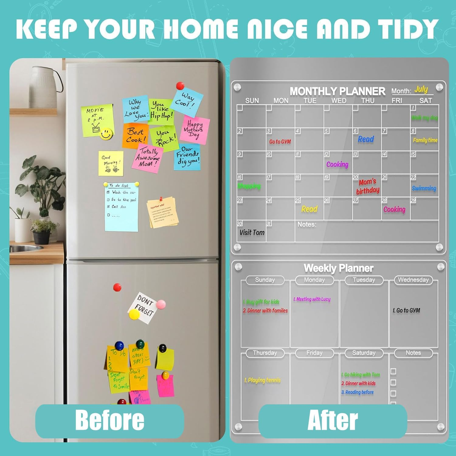 Acrylic Magnetic Dry Erase Board and Calendar for Fridge,43 * 30Cm Clear Acrylic Magnetic Dry Erase Planning Board of Monthly Calendar for Refrigerator with 6 Colored Markers and a Towel
