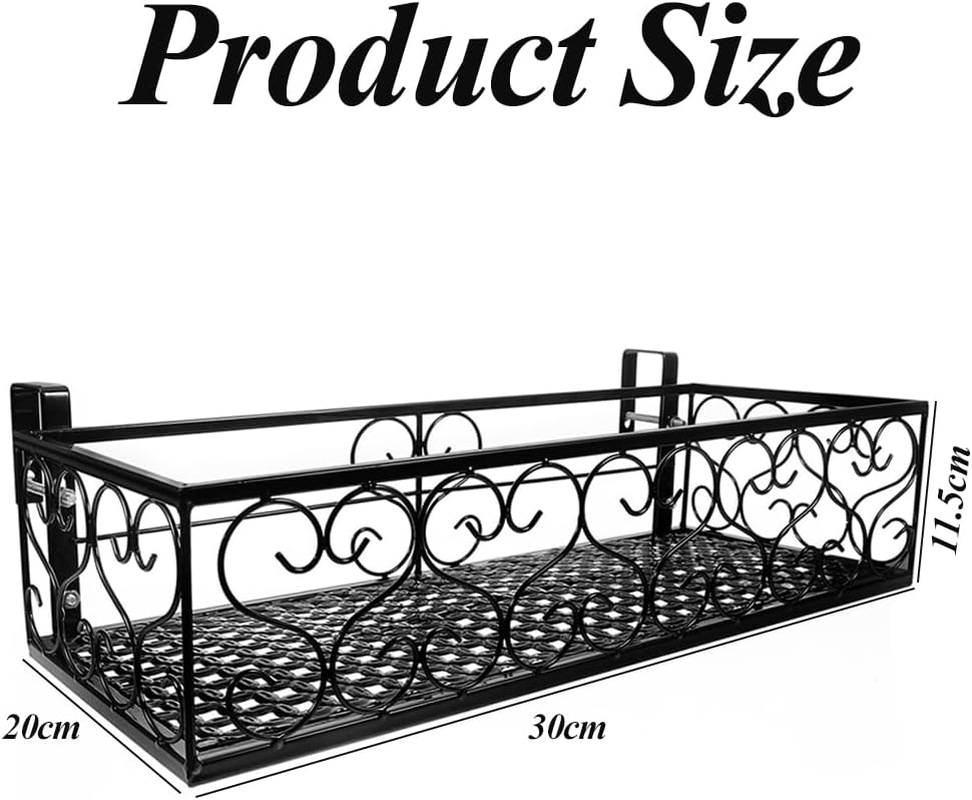 Plant Stand, Metal Hanging Basket, Portable Fence Planter Tray, Small Flower Pot Holder, Flowerpot Holder with Hooks, Storage Rack for Indoor Outdoor Use (Black, 30 * 20 * 11.5 CM) ﻿ image number 1