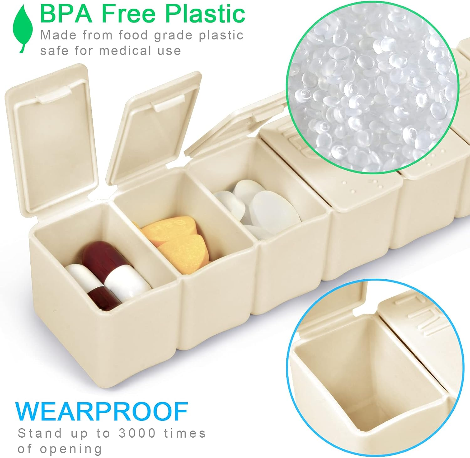 Pill Organizer-Pill Boxes for Travel, 7 Day with Braille Pill Case Vitamins Fish Oil Supplements, Medication Organizer Dispenser for Fish Oils, Vitamin Holder Supplement (Beige+Gray) image number 2