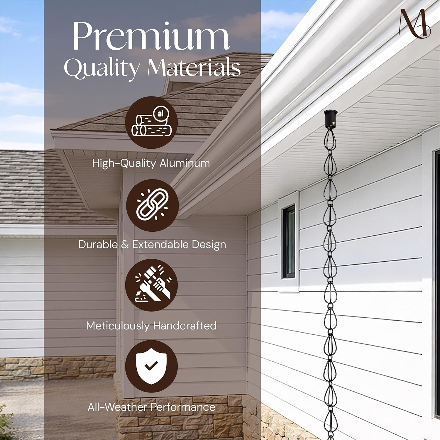 Monarch Rain Chains 17055 Aluminum Teardrop Rain Chain, 8-1/2 Feet Length Replacement Downspout for Gutters, Black Powder Coated