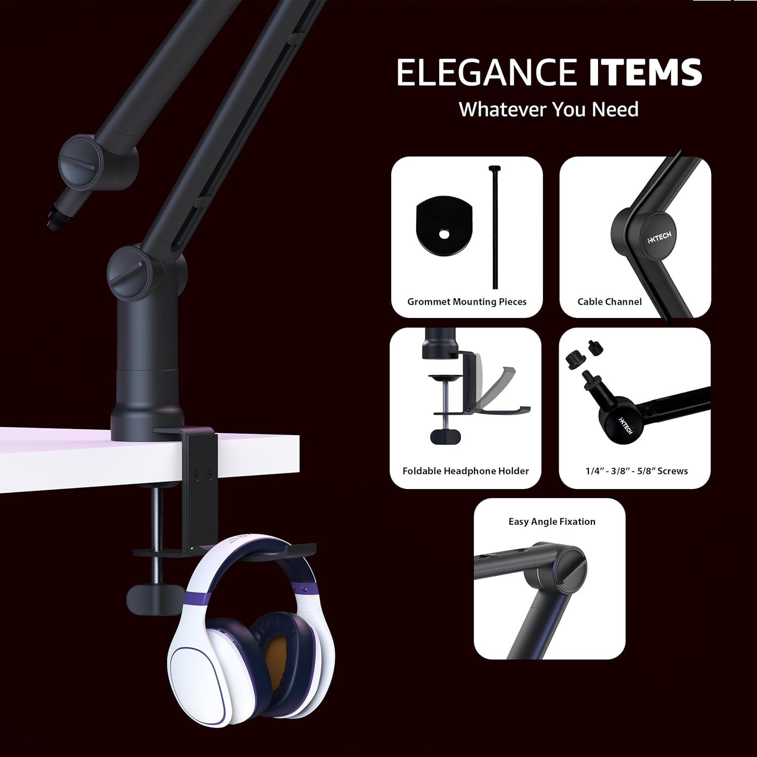 IXTECH Microphone Boom Arm with Desk Mount, 360&deg; Rotatable, Adjustable and Foldable Scissor Mounting for Podcast, Video Gaming, Radio and Studio Audio, Sturdy and Universal - Elegance Model image number 3
