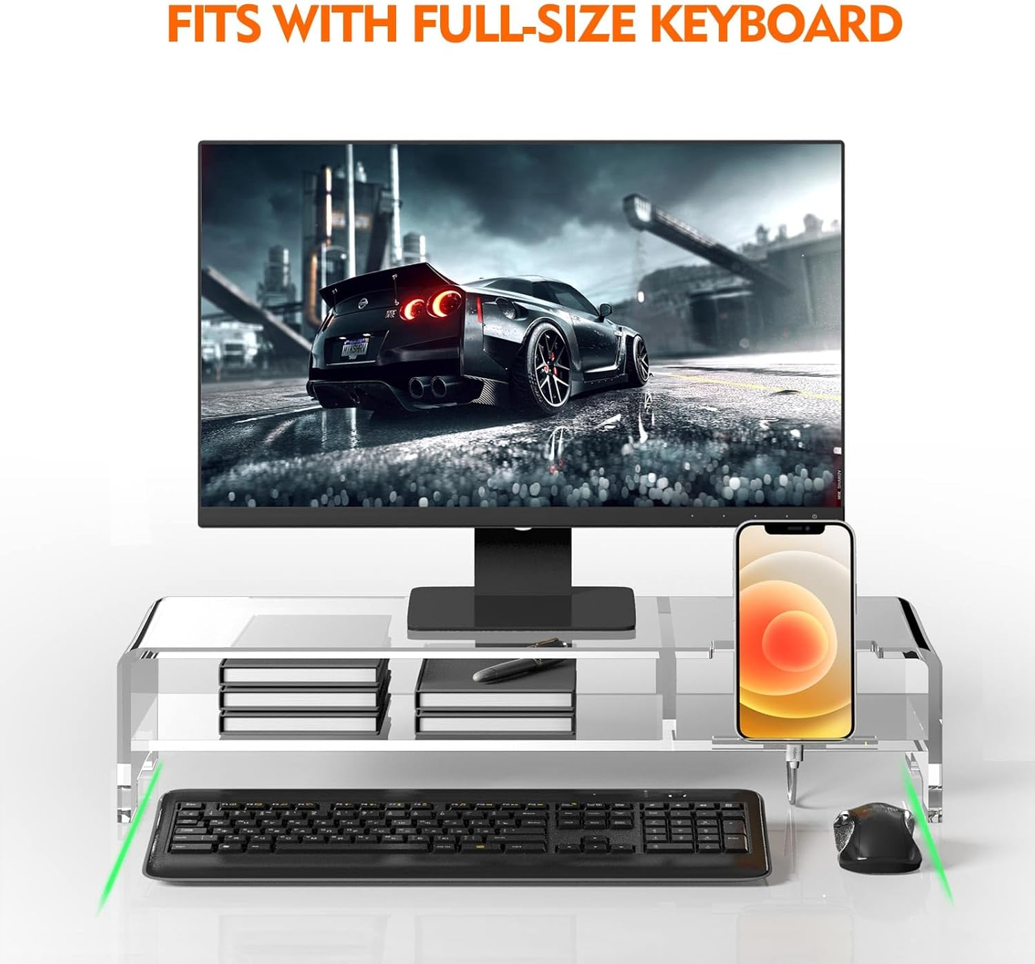 BEYGORM Acrylic Monitor Stand Riser, Wide 20", 2 Tier Computer with Storage, Desk Organizer Desktop Printer Laptop Storage Shelf Screen Holder Phone Holder(Clear) image number 5