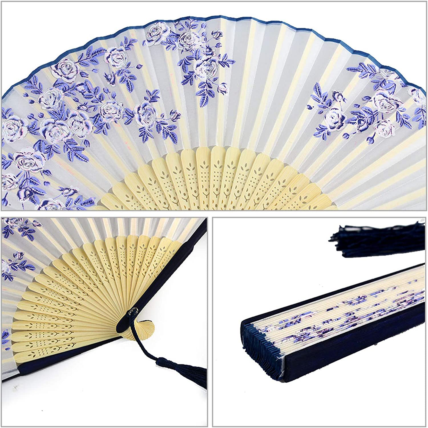 Bantoye 2 Pieces Handheld Fans, Silk Folding Fans with Bamboo Frames for Dancing Cosplay Wedding Party Props Decoration, White Blue