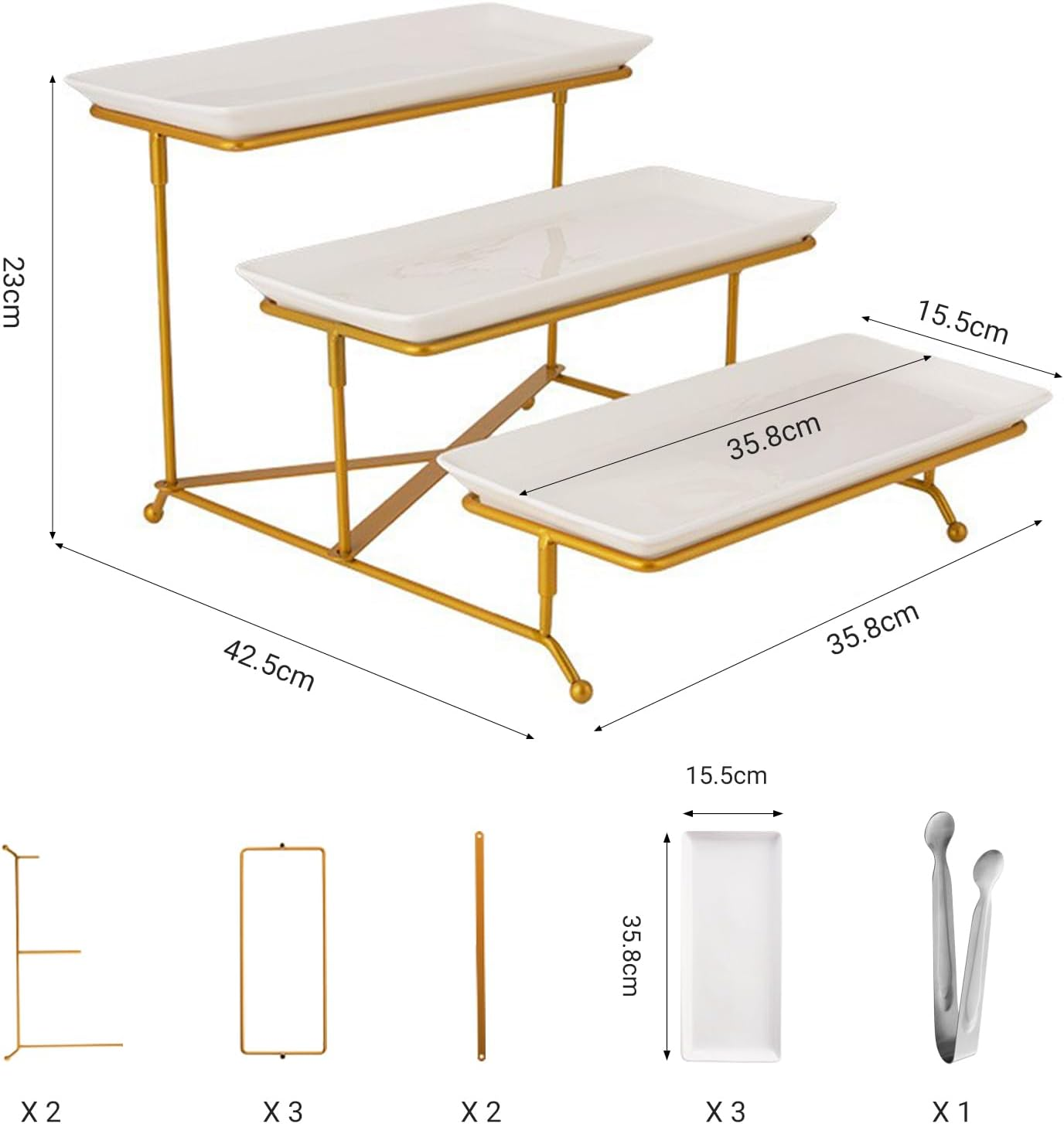 Top G 3 Tier Serving Tray with Stand,Cake Stands Porcelain Tiered Serving Platters Dishes with Collapsible Sturdier Rack, Dessert Display Stand for Party Entertaining, Food Presentation, Gold,14Inch image number 4