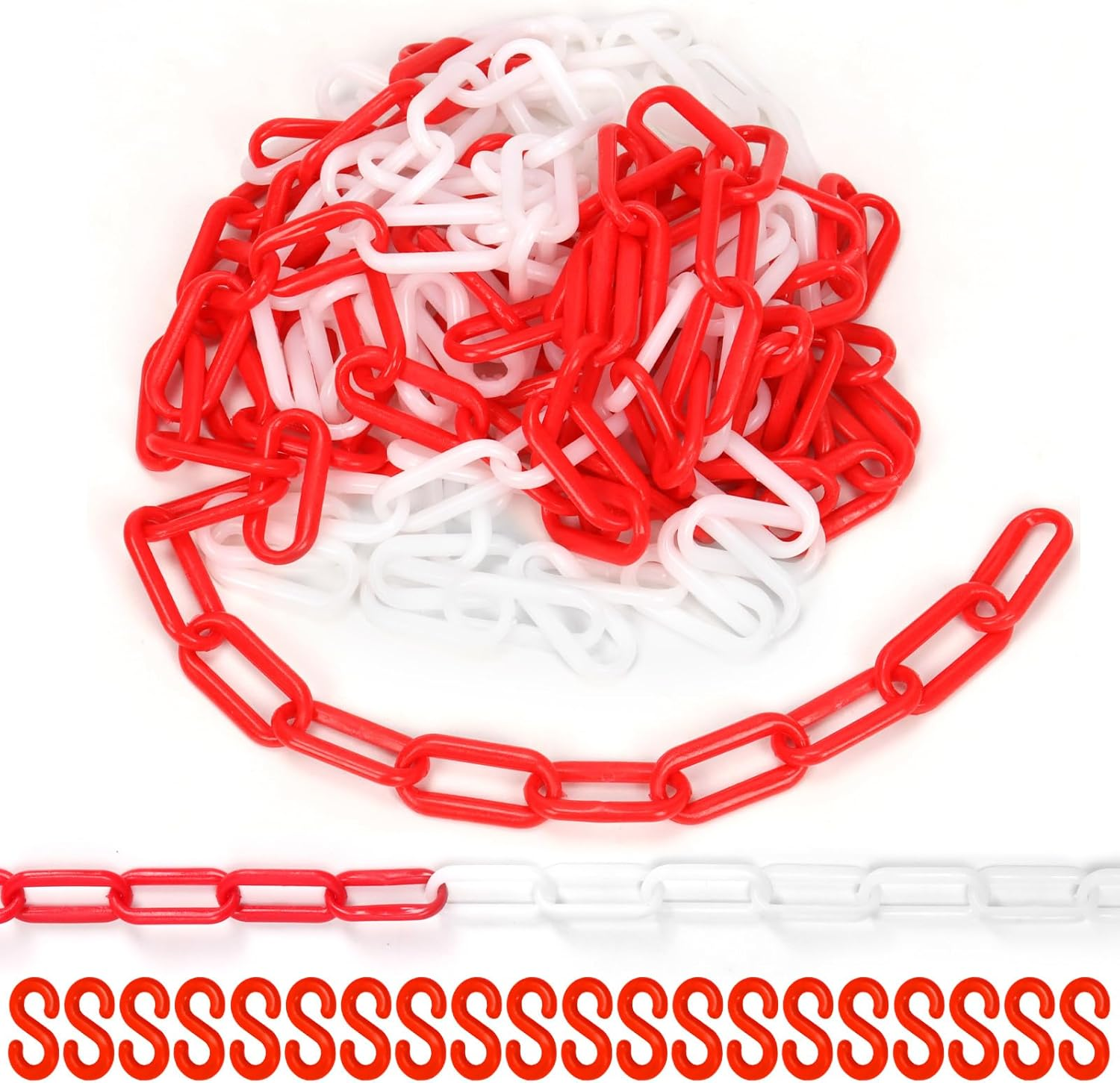 21Pcs Red and White Plastic Chain Links with Connector Hooks Plastic Chain Barrier Safety Barrier Chain for Crowd Control Construction Sites Parking Space Management