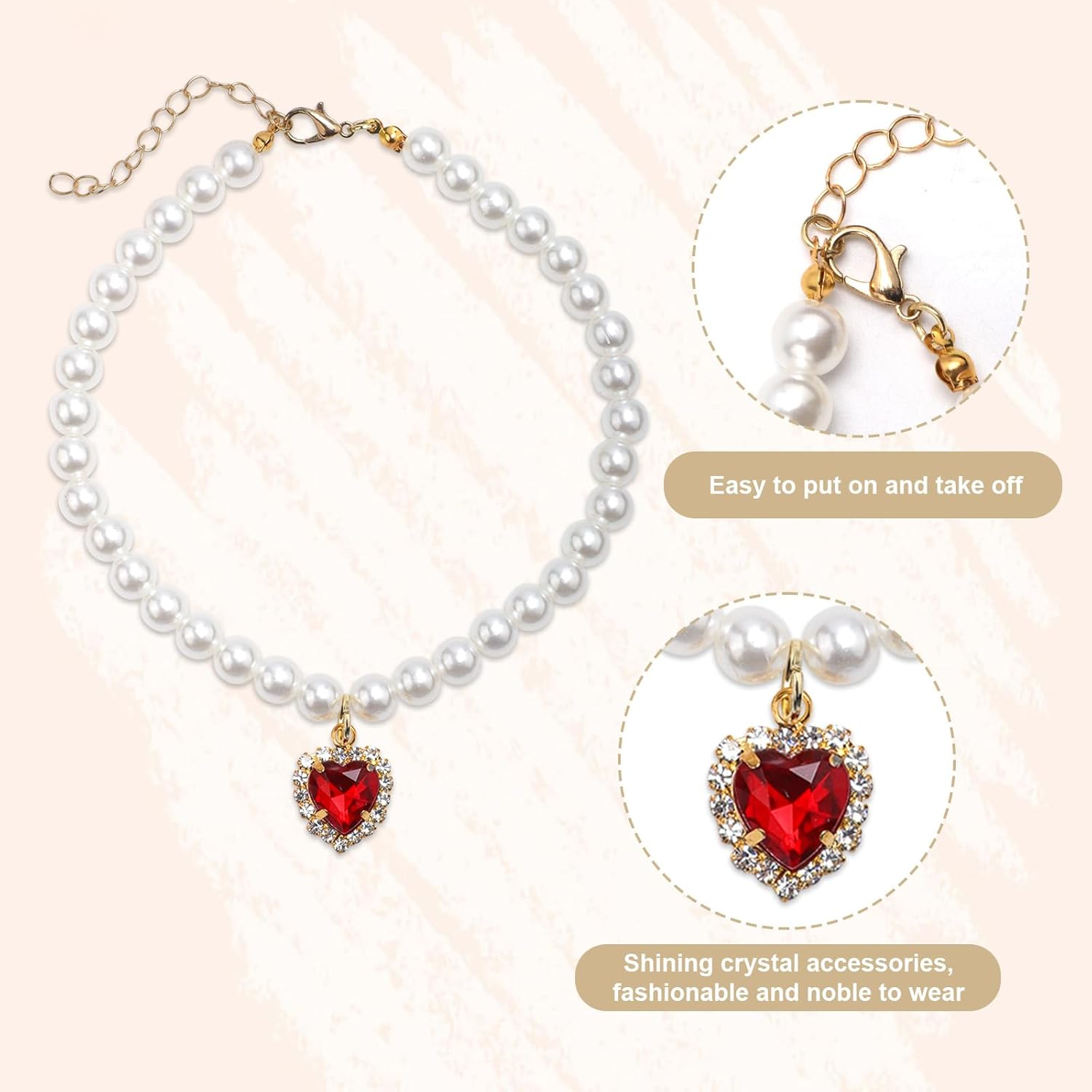 3-Piece Pearl Collar for Dogs and Cats, Adjustable Pearl Collar with Heart-Shaped Rhinestone Pendant, Wedding Jewellery for Small Cat Puppies image number 3