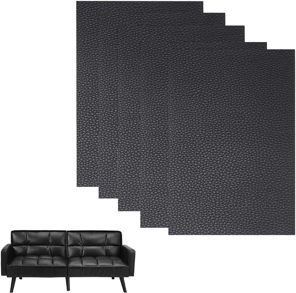 5Pcs 20X10Cm Black Leather Repair Patch, Self-Adhesive PU Leather Repair Patch Leather Repair Kit Waterproof Stain-Proof, Easy to Cleanfor for Sofa Chair Furniture, Car Seat, Jackets, Handbags (Black)