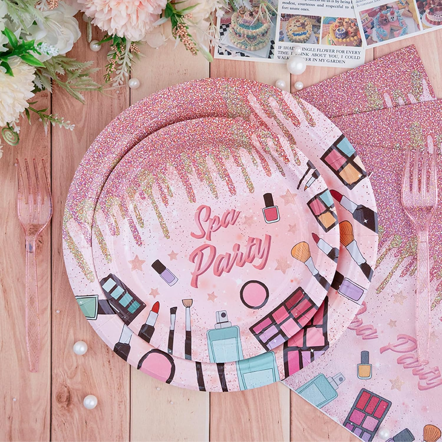 Spa Party Tableware Set, Spa Day Decorations Makeup Birthday Party with Plates Forks Napkins Spa Theme Supplies Kit for Girls Kids, Serves 24 image number 5