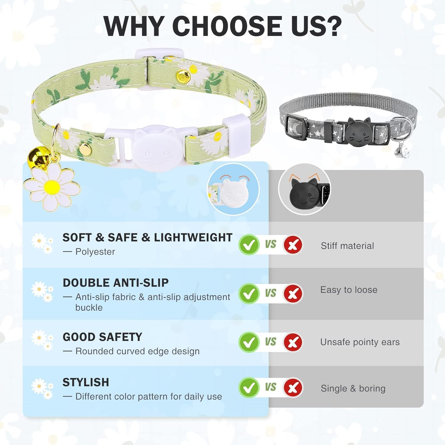 Floral Cat Collar Set with Bell and Daisy Charm, Pack of 3, Pink Purple Green image number 1