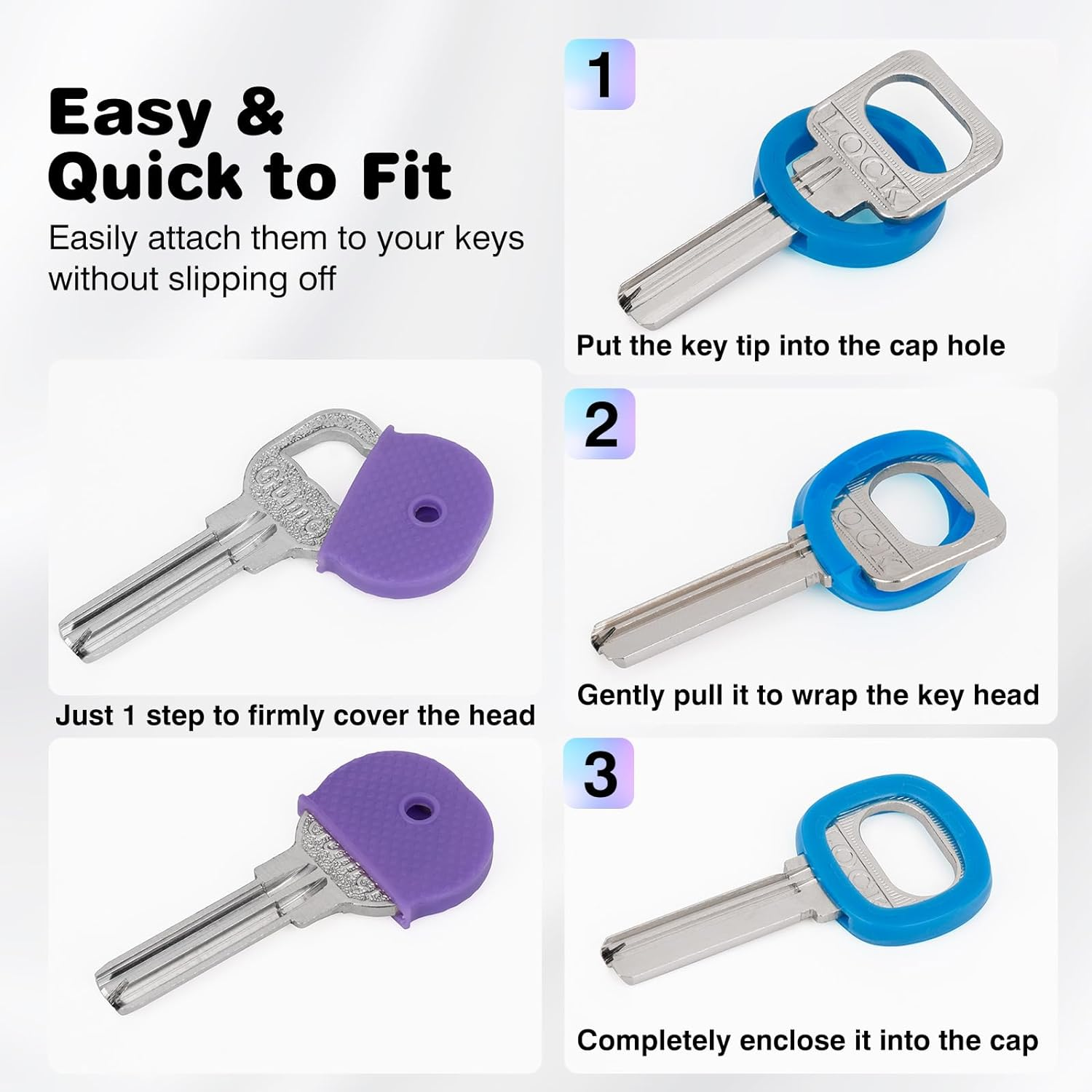 20 Pack Color Caps Covers Tags, Soft Rubber Identifiers, Plastic Toppers for Standard Flat Organization House Keys (Not for Odd-Shaped), 10 Colors, 2 Styles