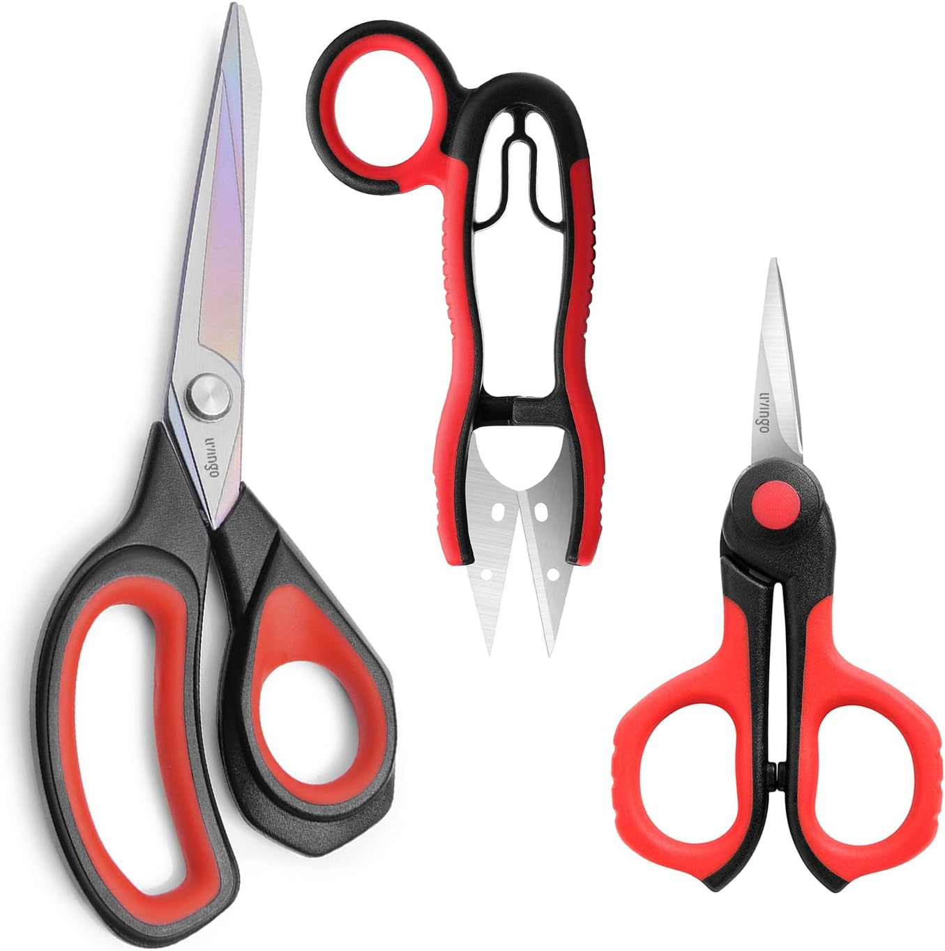 LIVINGO Professional Sewing Scissors Set: 8.5&rdquo; Heavy Duty Sharp Titanium Coated Forged Stainless Steel Fabric Scissors, 4.5&rdquo; Small Detail Embroidery Scissors, 5&rdquo; Thread Snips, Comfort Grip, 3 Pack image number 2