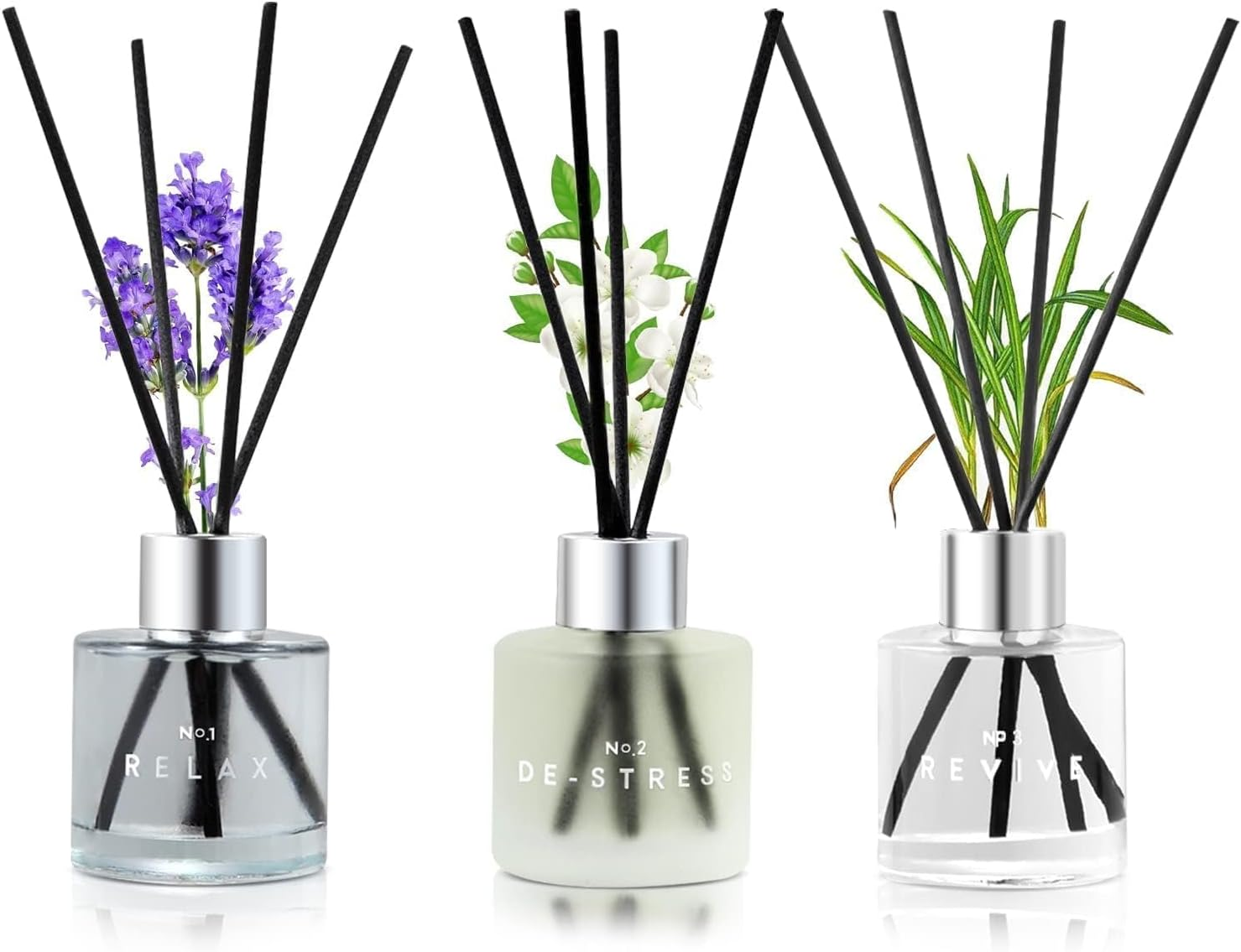 3 Pack Fragrance Reed Diffuser, 50ML Lavender Jasmine Lemongrass Aromatherapy Diffuser Set with 12 Black Fiber Sticks,Air Freshener for Bedroom Bathroom Office, 8.2X 6.6X 2.1 Inch image number 5