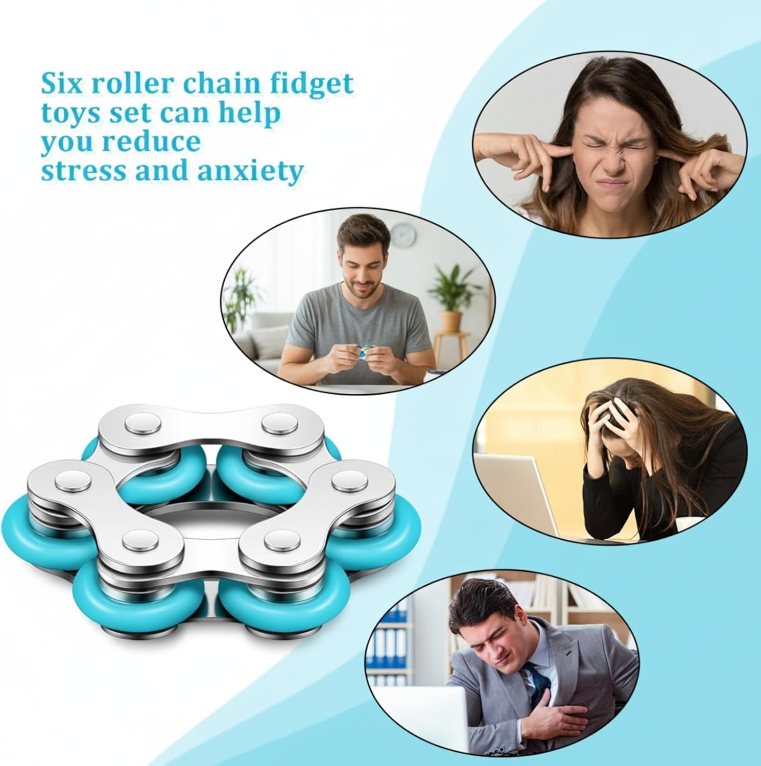2 Pieces Fidget Toys Flippy Roller Chain, Six Roller Chain Fidget Toys Bike Chain Toys Novelty Stress Relief for Adults Teens Anxiety Autism, ADHD (Dark Blue, Sky Blue)