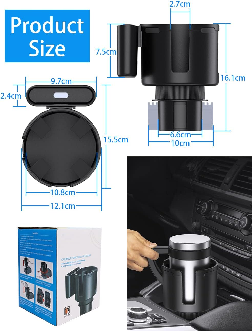 Car Cup Holder Expander Adapter with Phone Holder, 2-In-1 Adjustable Car Cup Holder, Multifunctional Automotive Cup Organizer with 360&deg; Rotating Base for Car, Universal Car Cup Storage Container