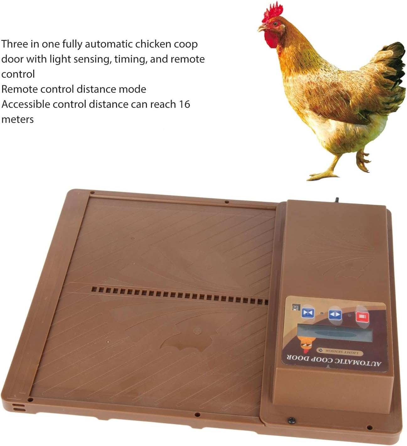 Automatic Chicken Coop Door, Smart Remote Control Solar Opener with LED Display Screen for Poultry Protection (Brown)