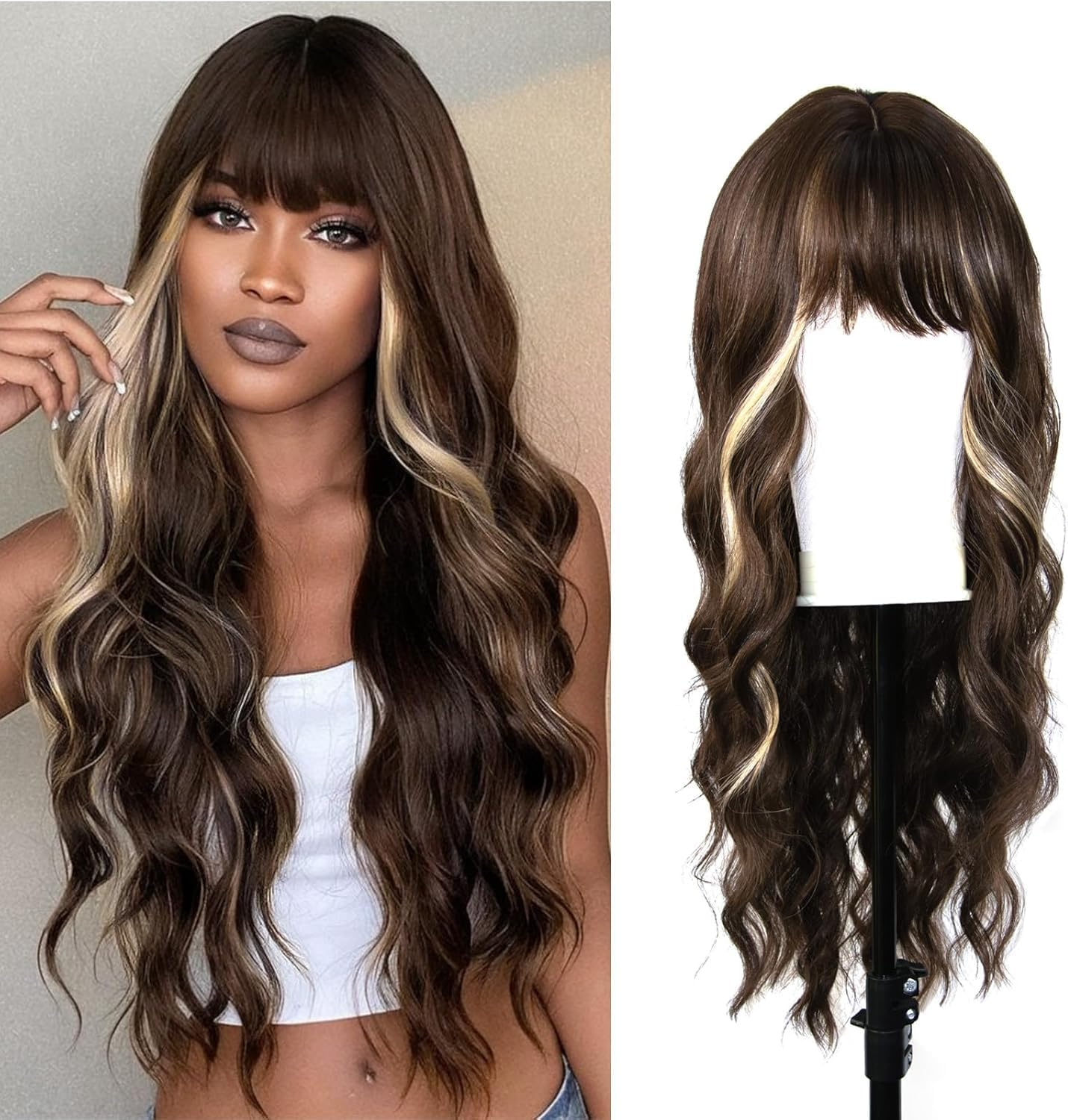 Bangs Wig, Long Synthetic Wig, Wave Wig, Adjustable Bangs Length, Role-Playing Wig, Natural Curly Hair Wig (Brown, 24 Inch) image number 2