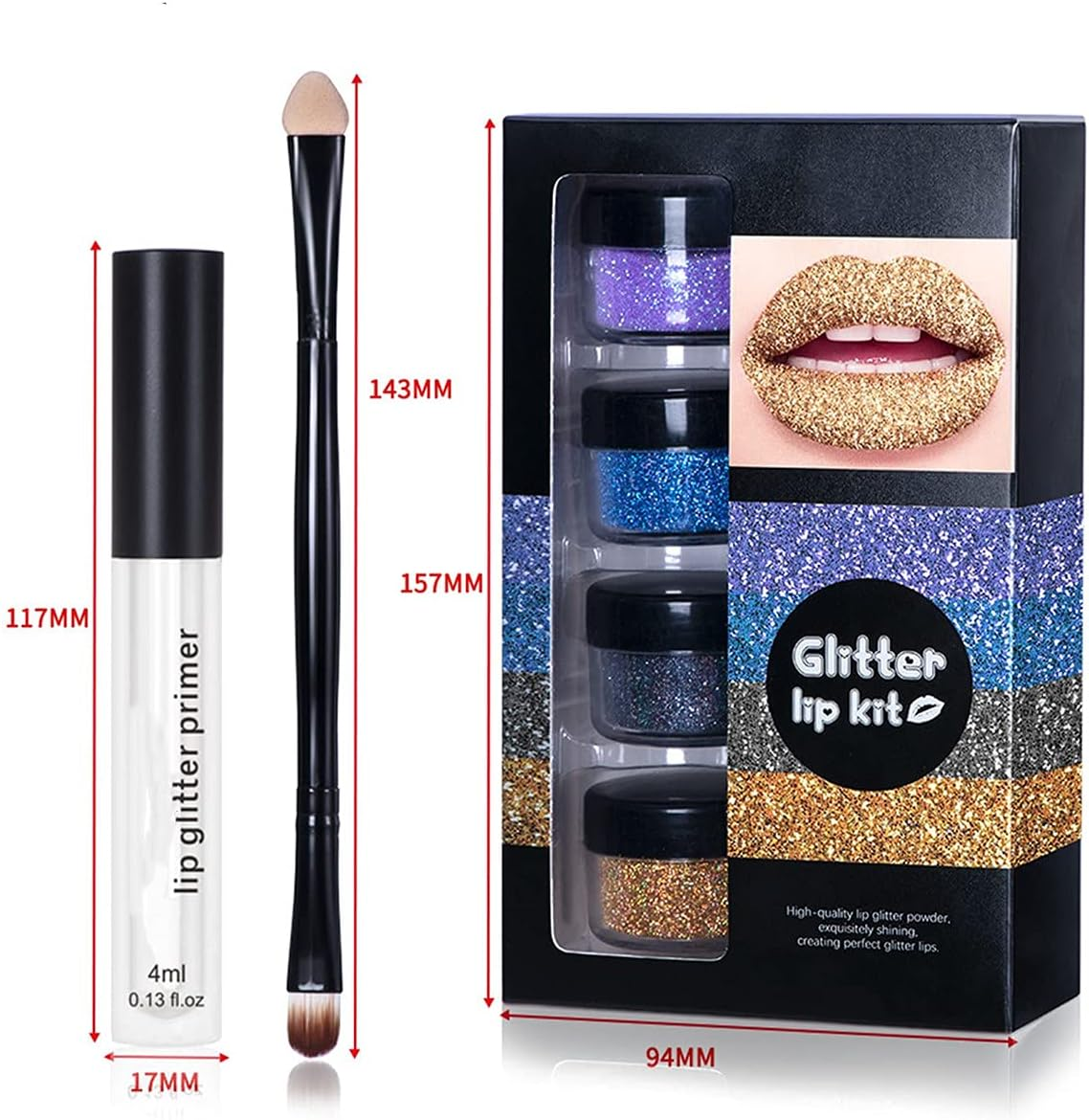 Glitter Lip Kit Liquid Lipstick Set, Stay Golden, 4 Color Diamond Metallic Lipstick Waterproof and Long-Lasting Set for Women (B) image number 4