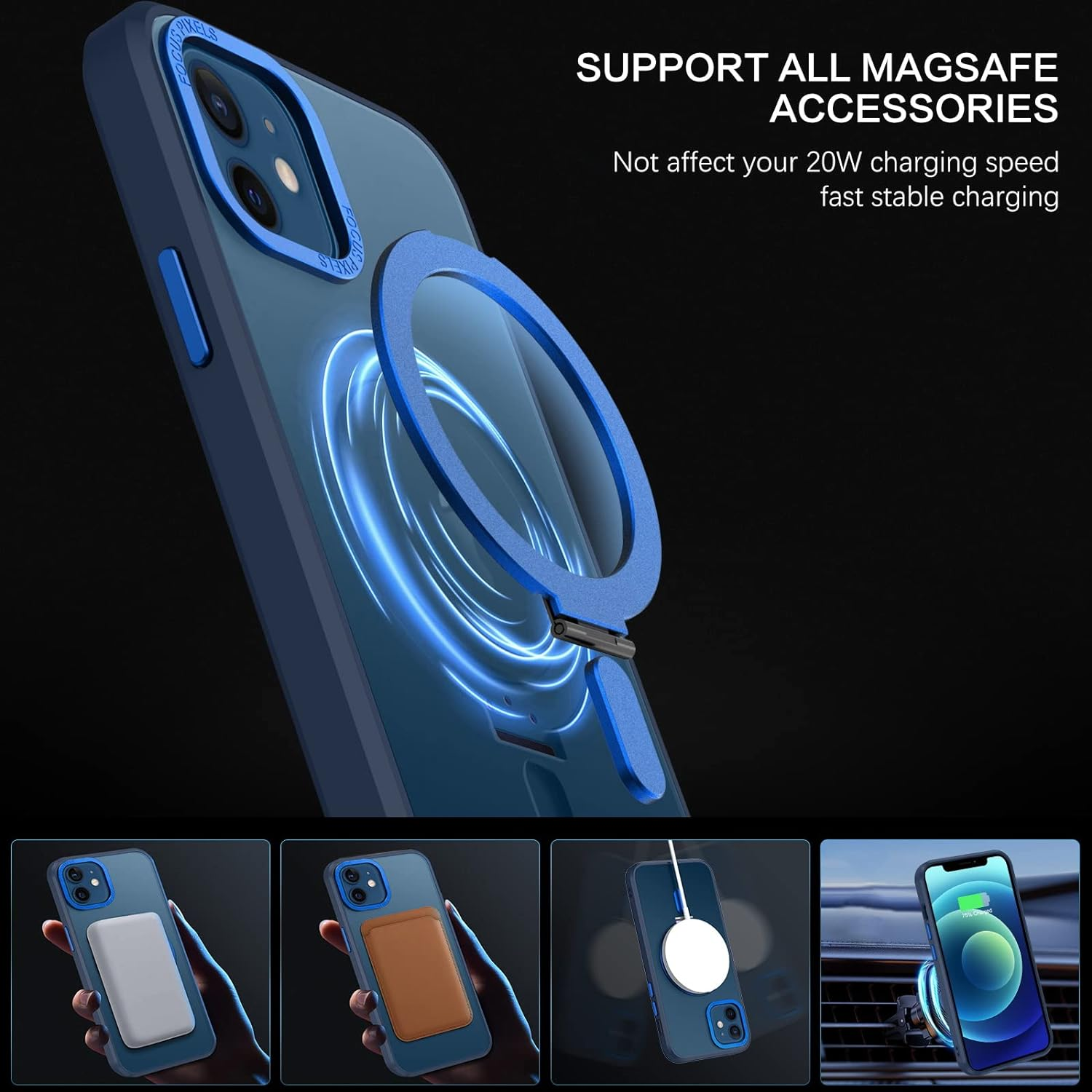 GUAGUA Magnetic Slim Case for Iphone 12/Iphone 12 Pro Compatible with Magsafe, Magnetic Kickstand Iphone 12/Iphone 12 Pro, Case Transparent Cover Phone Cases 6.1 Inch, Navy Blue image number 2