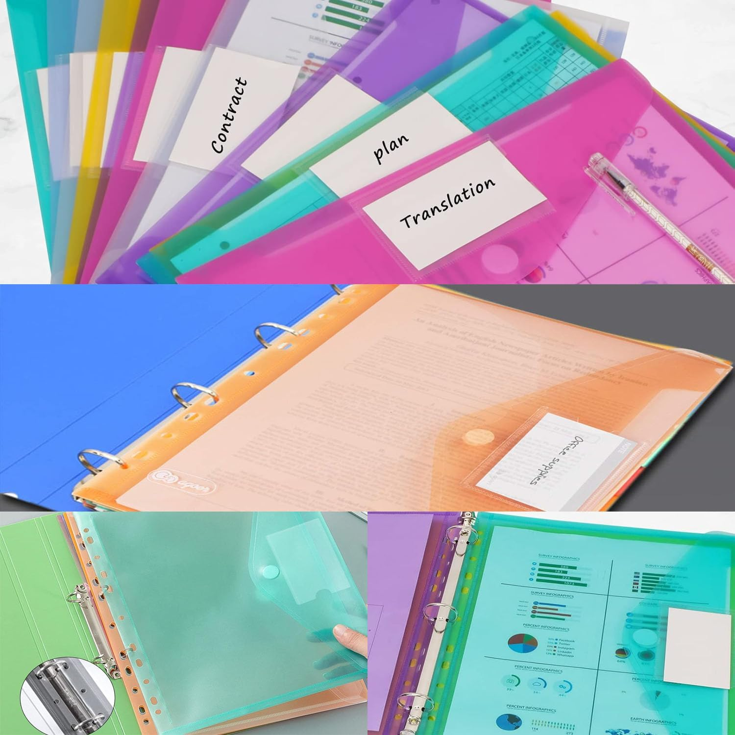 24 Pack 6 Colours File Folder Envelopes with Label Pocket,Envelope Binder Folders with 11 Holes and Tab Pockets and Buttons,Plastic File Folder Envelopes for Offices Schools Homes image number 3