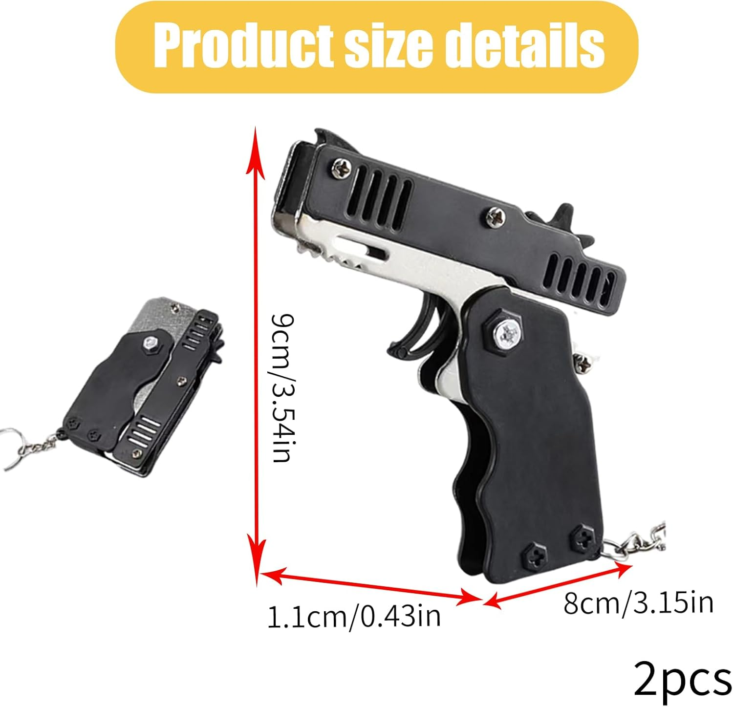 2Pcs Rubber Band Gun,Elastic Band Gun with 120 Pcs Soft Elastic Rubber Bands Metal Folding Rubber Launcher Toy Keychain for Teens Adults Shooting Outdoor Indoor Activities Game(Black) image number 3