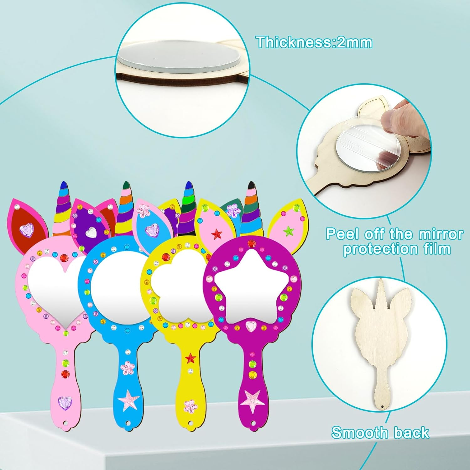 Unicorn Crafts, 27 Pieces DIY Wooden Mirror Craft, Mini Wooden Unicorn Mirror, Wooden Unicorn Mirror, Craft Set Children'S Birthday Unicorn, Wooden Mirror for Painting for DIY Children Painting, Children'S Gift Party image number 3