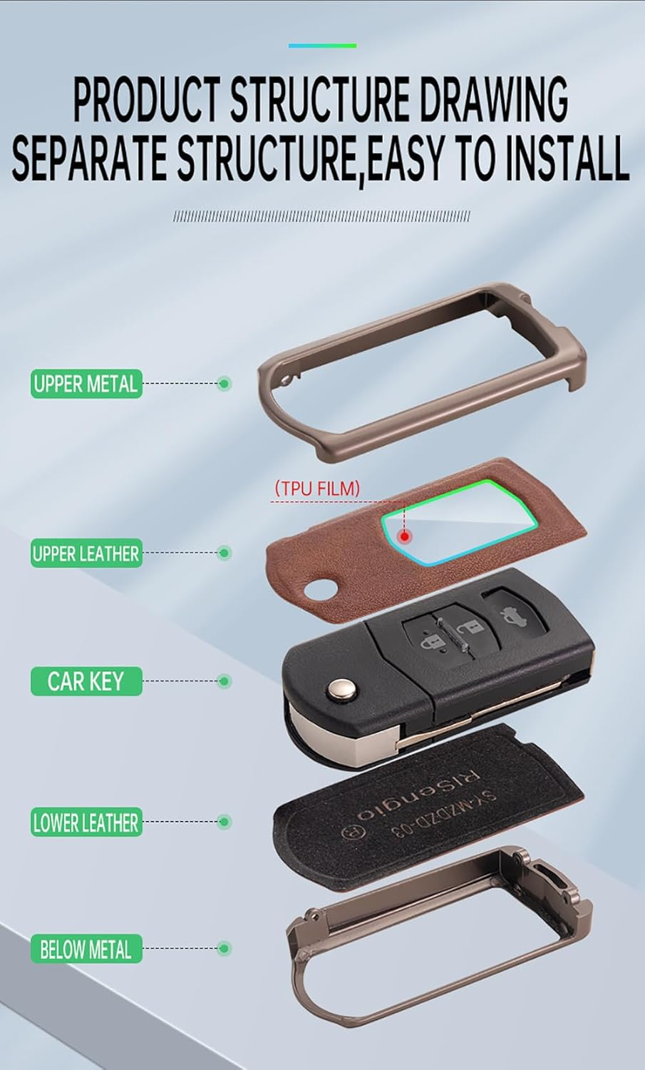 Folding Car Key Case Key Cover Zinc Alloy Leather Keychain Fit for It for Mazda 2 3 5 6 CX5 CX7 CX9 RX8 M6 MX5 Key Shell Protection Covers 2 3 Buttons Key Fob Holder Cover Keyring Silvery-Black