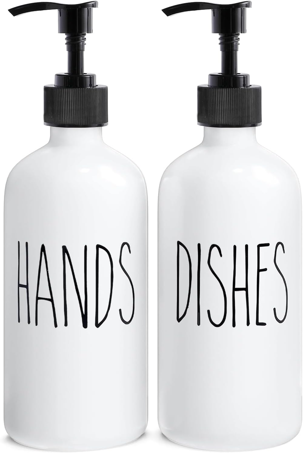 MOMEEMO Soap Dispenser Set 2 Pack, Contains Dish Soap Dispenser and Hand Soap Dispenser. 16 Oz Glass Soap Dispenser with Black Plastic Pumps, Perfect for Black and White Kitchen Decor. (Black & White)