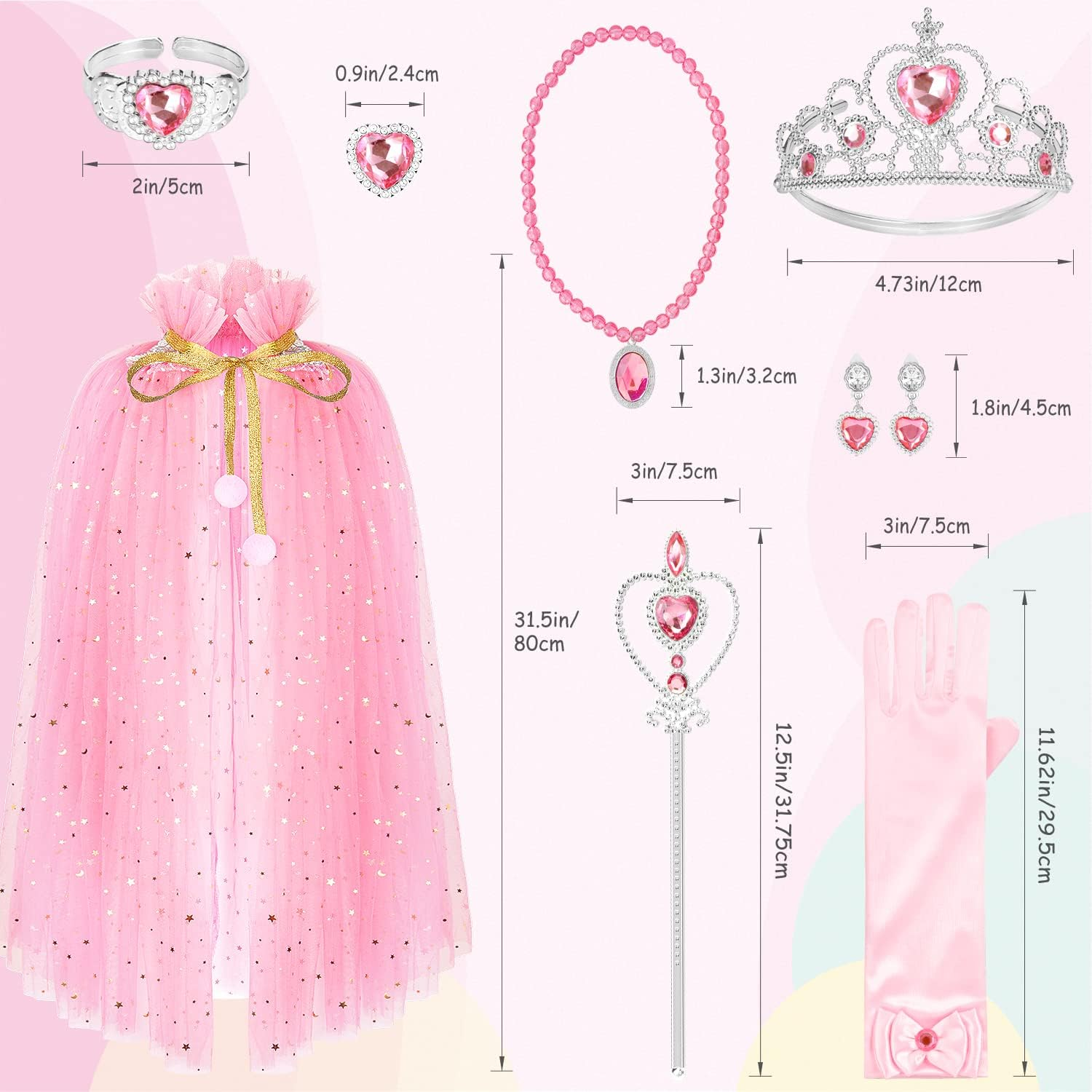 Hapgo 10 Pieces Princess Cape Set Dress up Clothes for Little Girls Party Cosplay Cloak with Jewelry Tiara Crown Wand Gloves - Rainbow image number 3