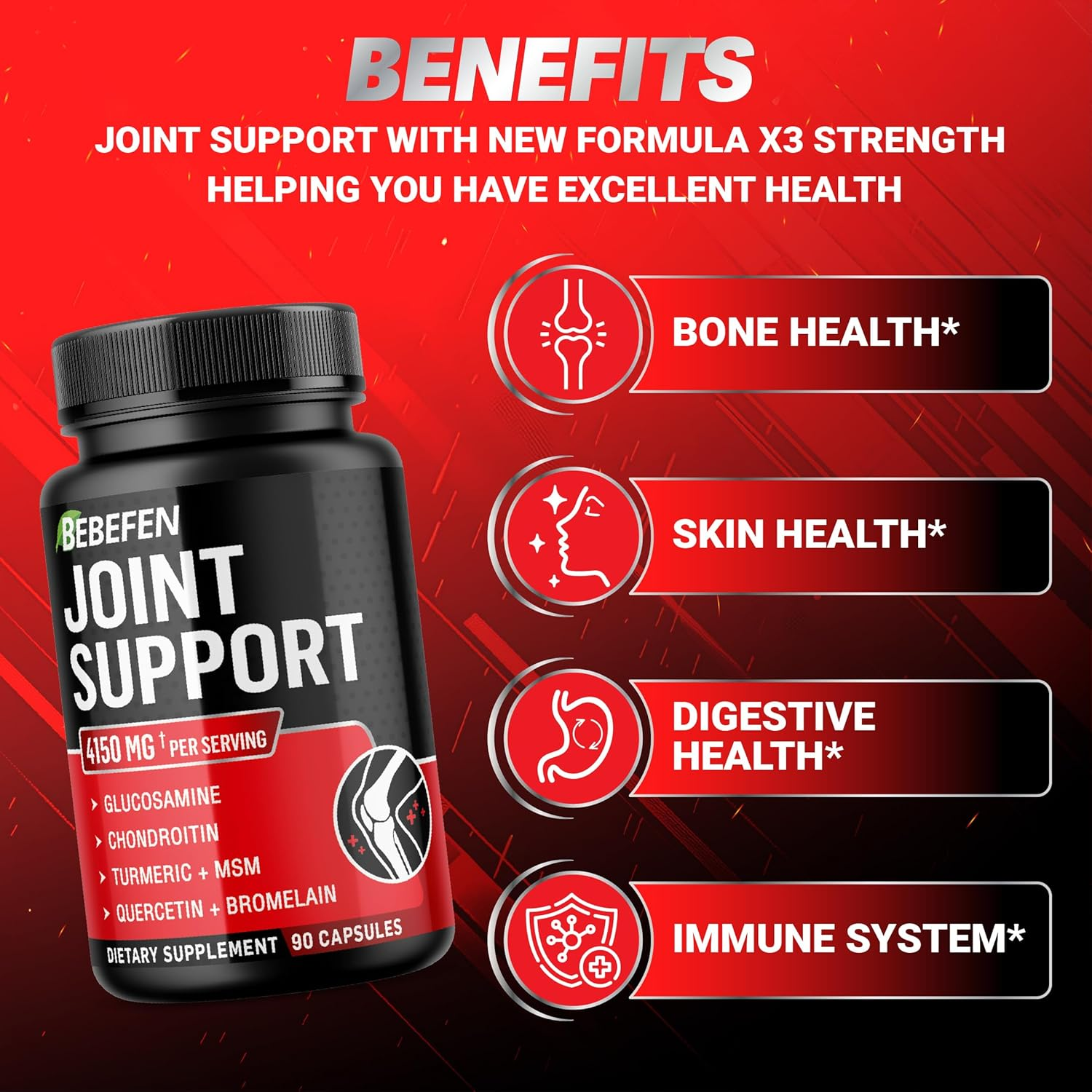 Joint Support Supplement 4150 Mg Equivalent with Glucosamine Hcl, Boswellia Serrata, Chondroitin Sulfate, Turmeric Root, Quercetin, MSM, Bromelain - 90 Capsules image number 2